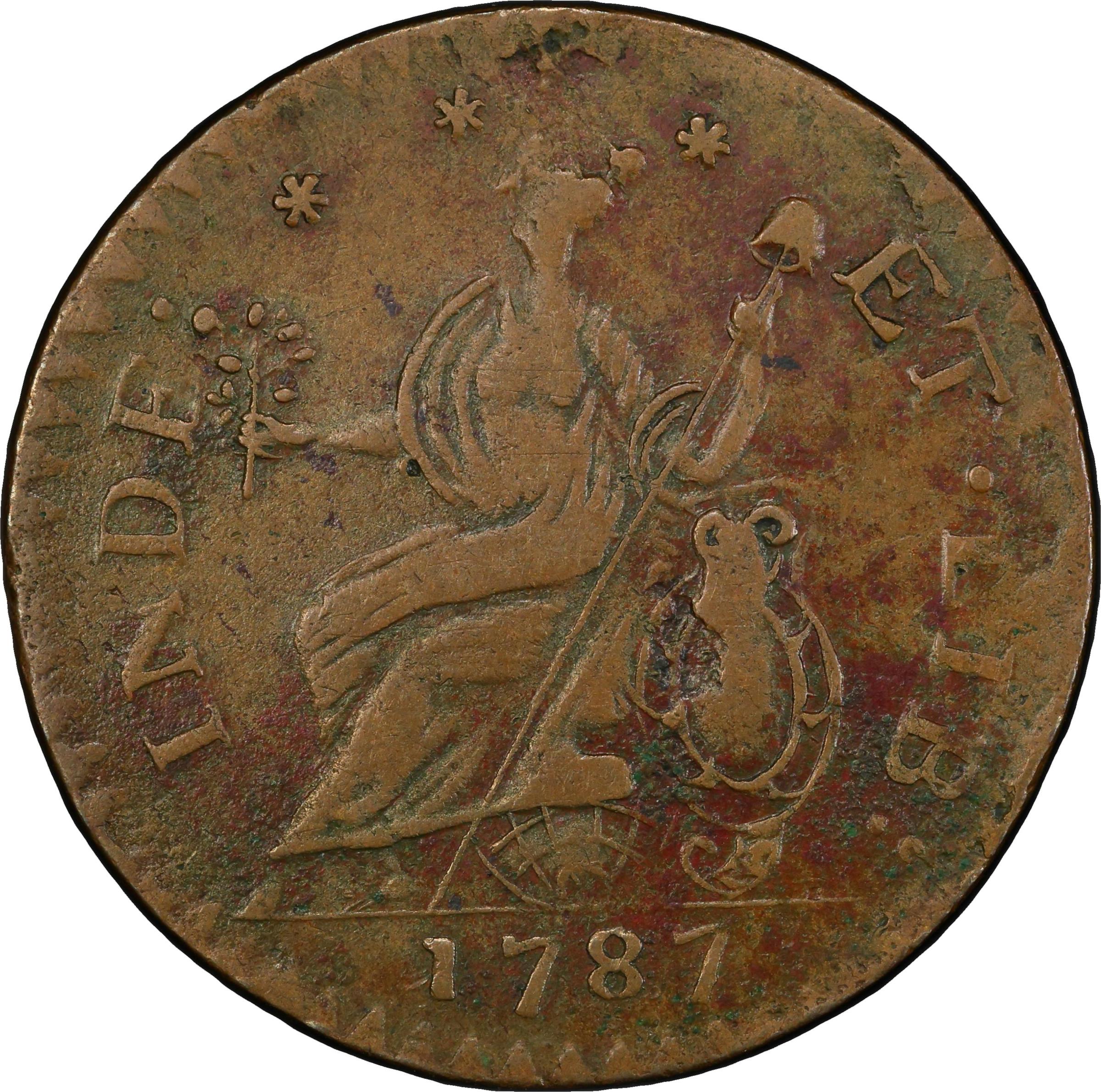 image for: 1787 Connecticut Copper. Miller 6.2-M, W-2825. Rarity-5-. Mailed Bust Left, Second Laughing Head. EF-45 (PCGS). Inked Attribution.