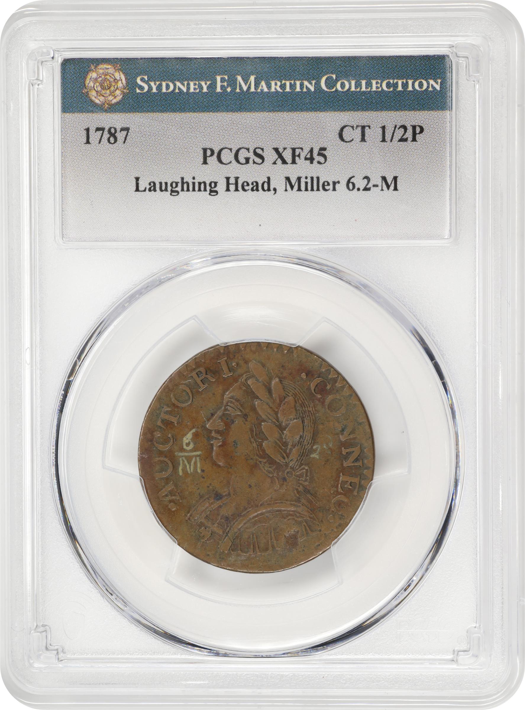 image for: 1787 Connecticut Copper. Miller 6.2-M, W-2825. Rarity-5-. Mailed Bust Left, Second Laughing Head. EF-45 (PCGS). Inked Attribution.