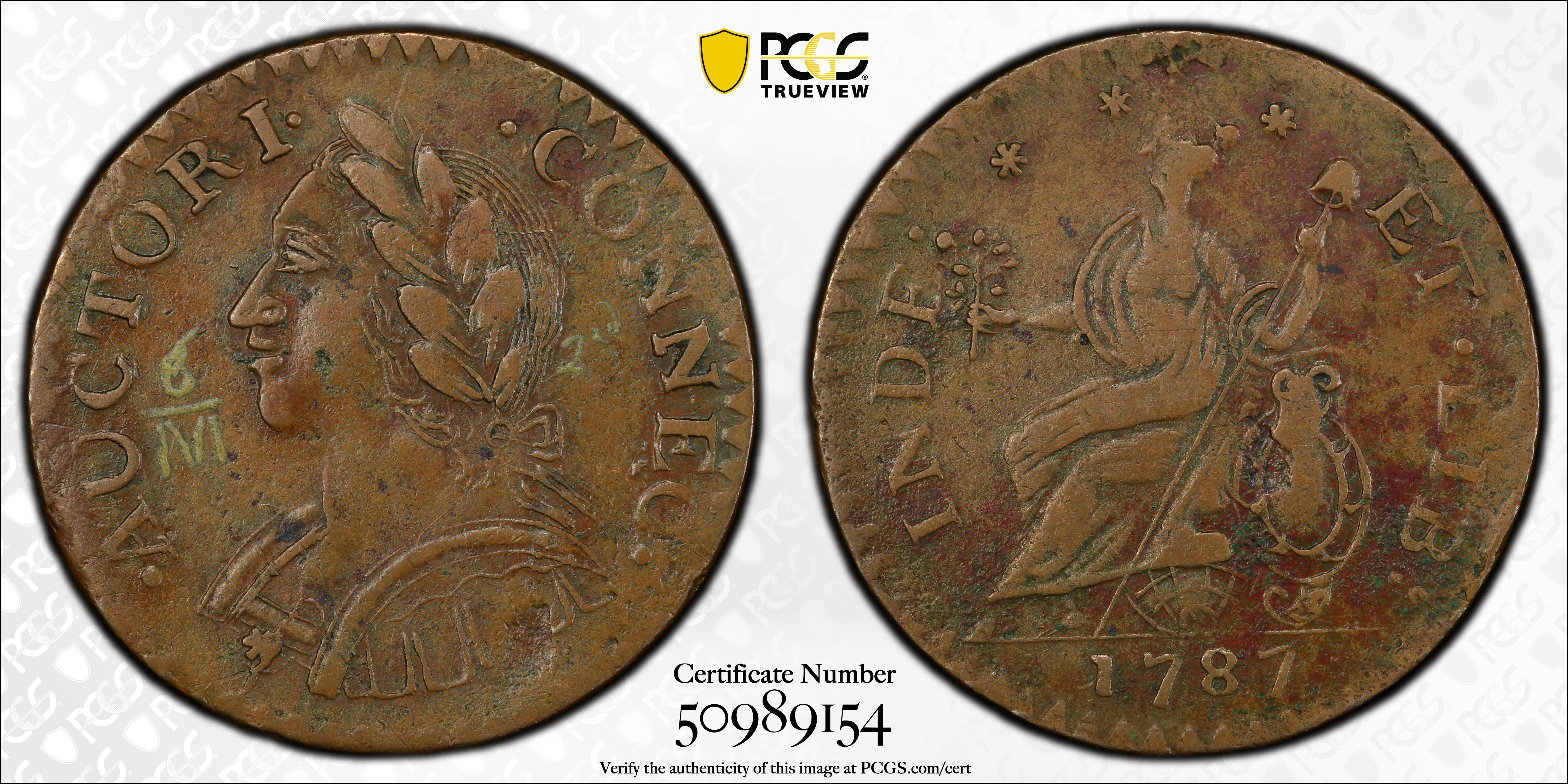 image for: 1787 Connecticut Copper. Miller 6.2-M, W-2825. Rarity-5-. Mailed Bust Left, Second Laughing Head. EF-45 (PCGS). Inked Attribution.