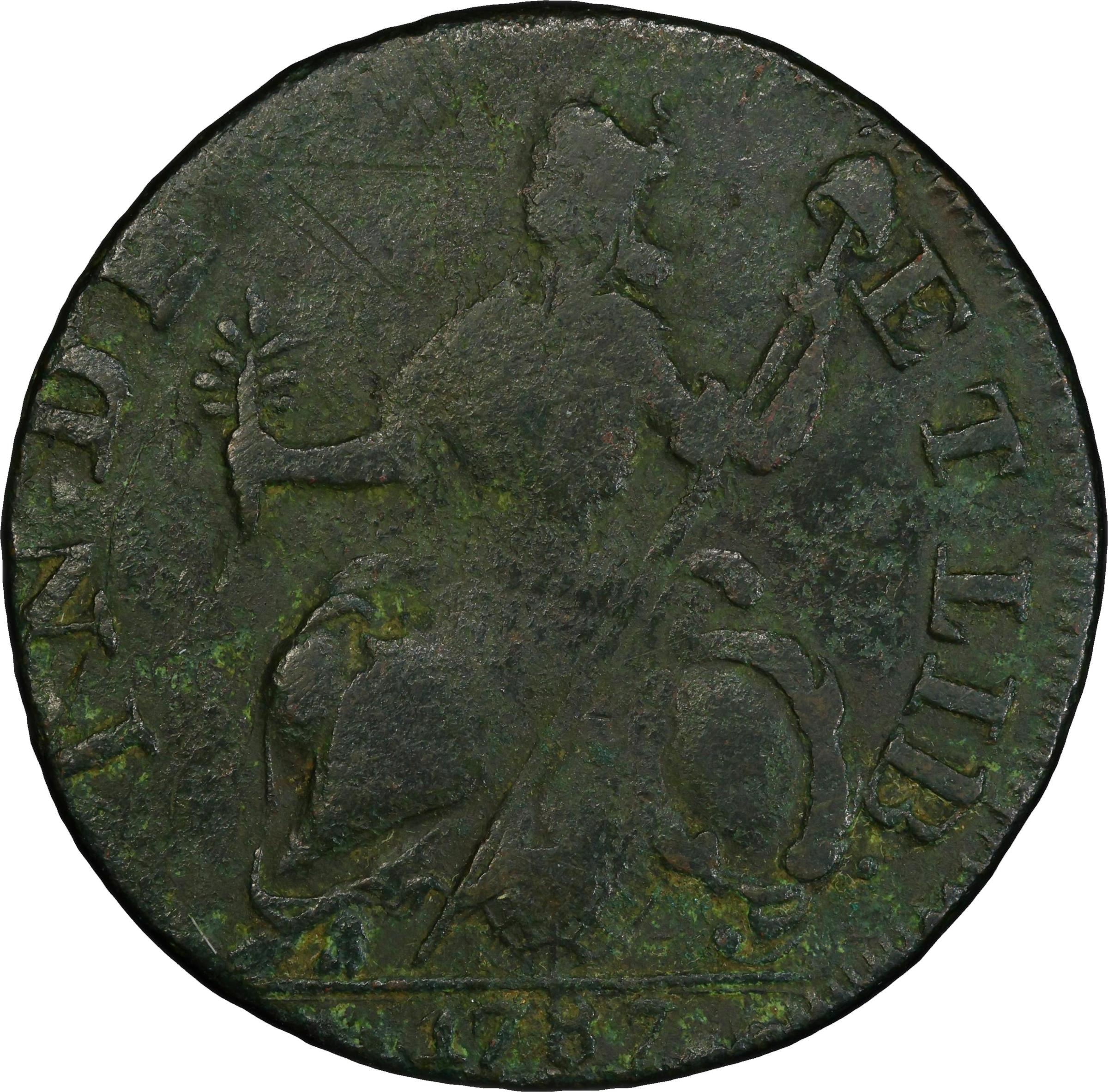 image for: 1787 Connecticut Copper. Miller 7-I, W-2830. Rarity-5+. Mailed Bust Left, Hercules Head. VF Details--Environmental Damage (PCGS).