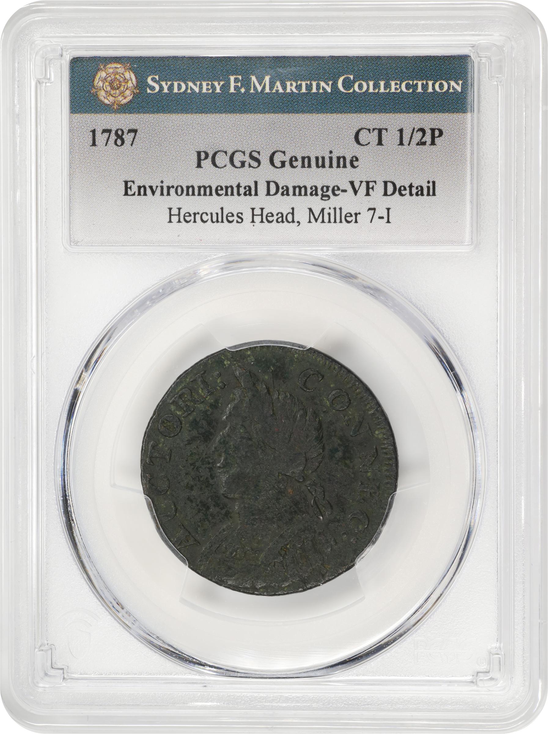 image for: 1787 Connecticut Copper. Miller 7-I, W-2830. Rarity-5+. Mailed Bust Left, Hercules Head. VF Details--Environmental Damage (PCGS).
