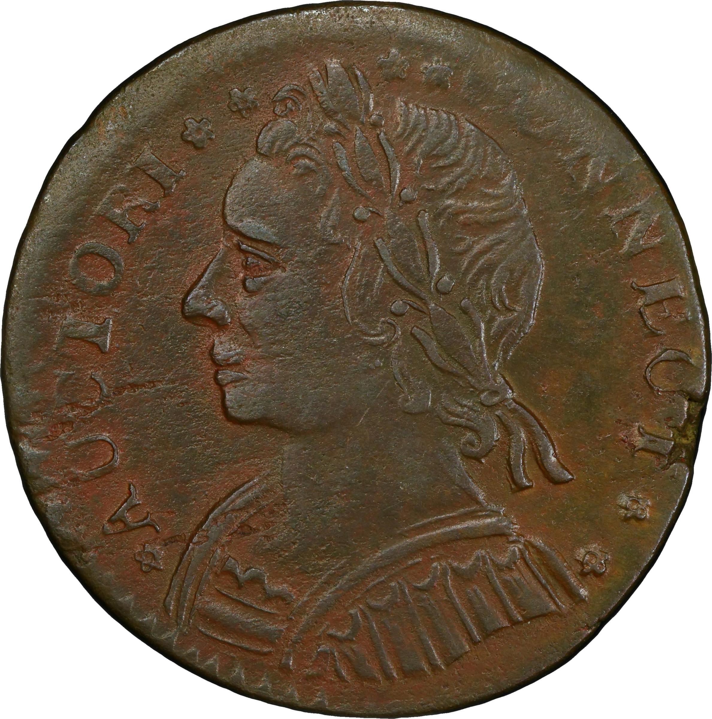 image for: 1787 Connecticut Copper. Miller 15-F, W-2900. Rarity-3. Mailed Bust Left, CONNECT. AU-58 (PCGS).