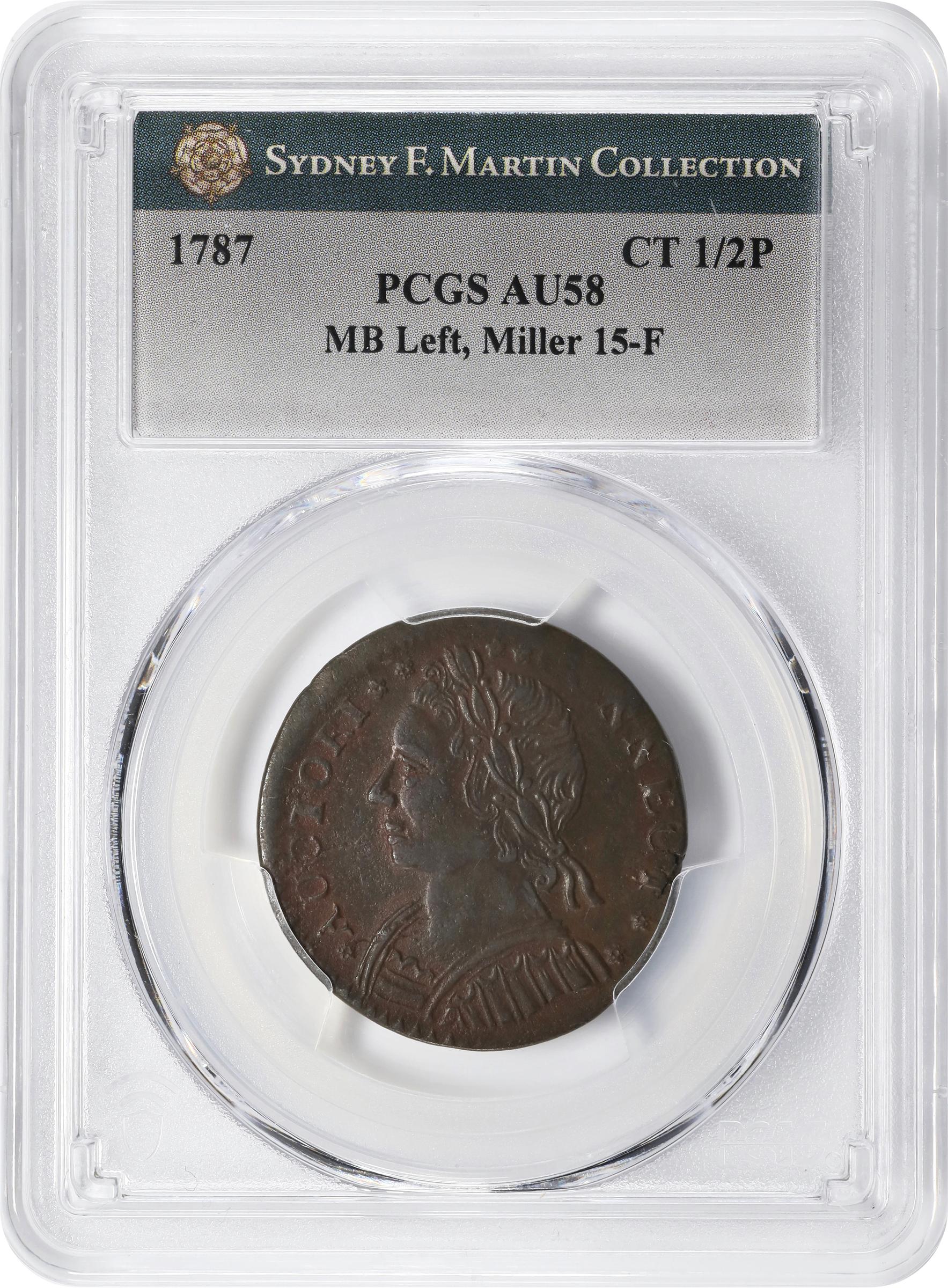 image for: 1787 Connecticut Copper. Miller 15-F, W-2900. Rarity-3. Mailed Bust Left, CONNECT. AU-58 (PCGS).