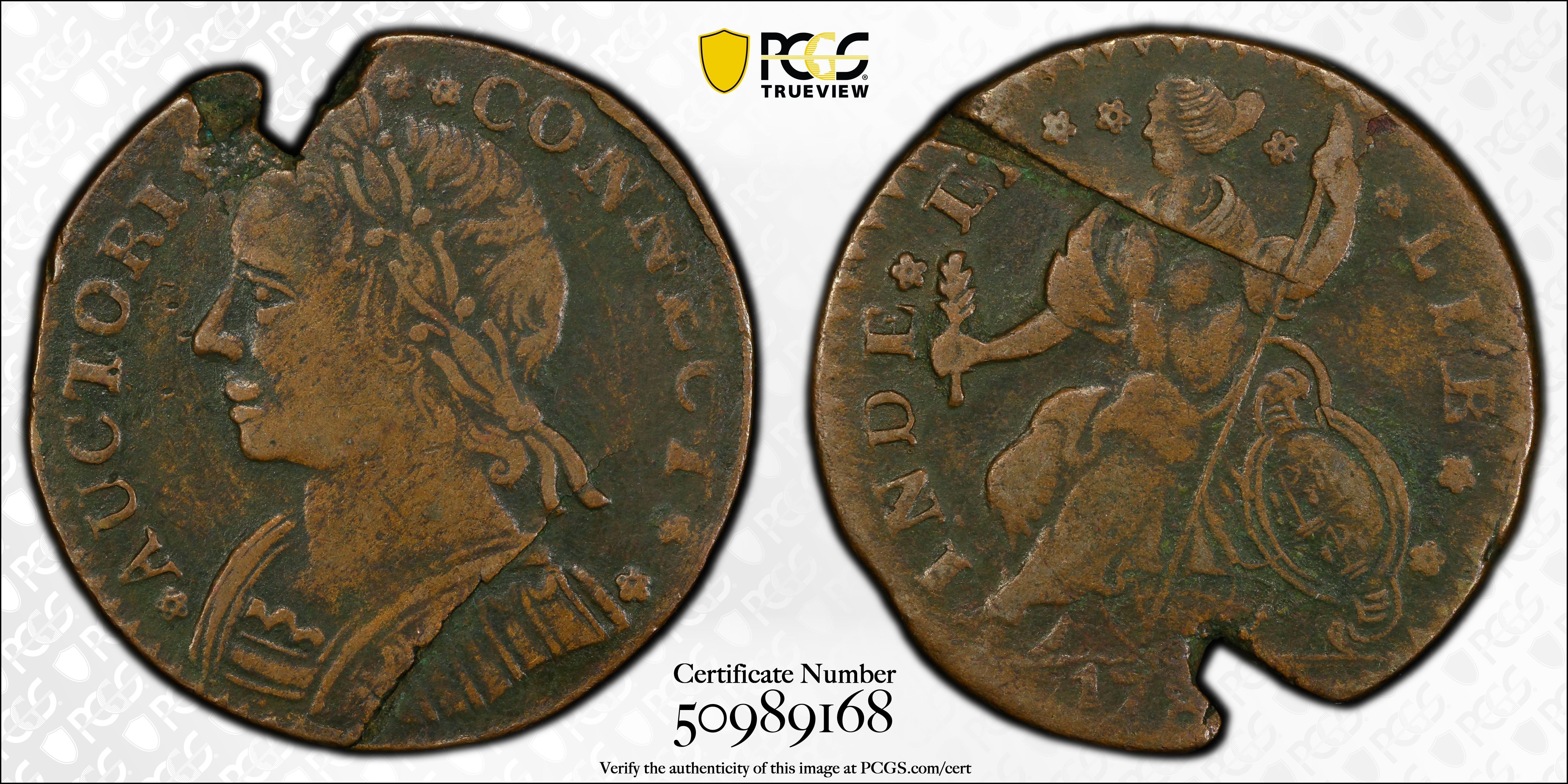image for: 1787 Connecticut Copper. Miller 15-F, W-2900. Rarity-3. Mailed Bust Left, CONNECT. EF Details--Planchet Flaw (PCGS).