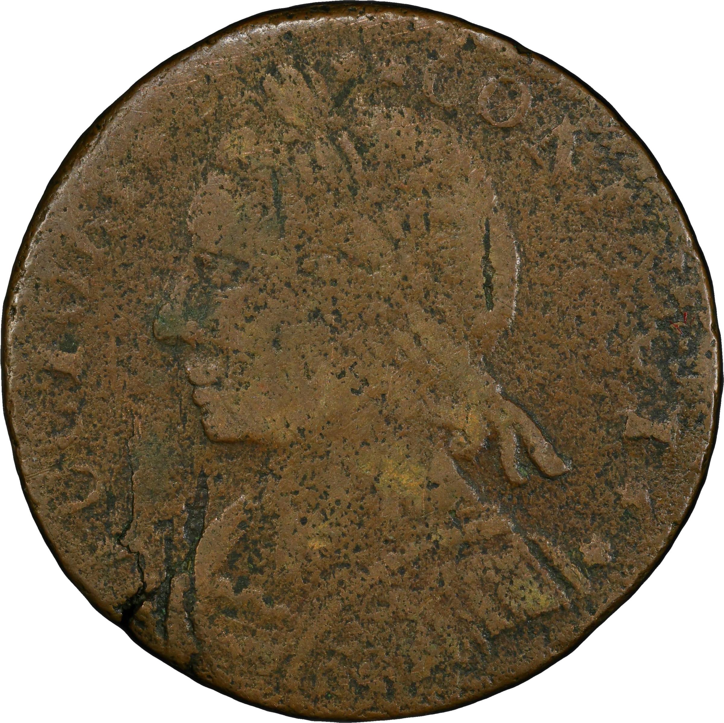 image for: 1787 Connecticut Copper. Miller 15-S, W-2915. Rarity-5+. Mailed Bust Left, CONNECT, INDL. VF Details--Environmental Damage (PCGS).