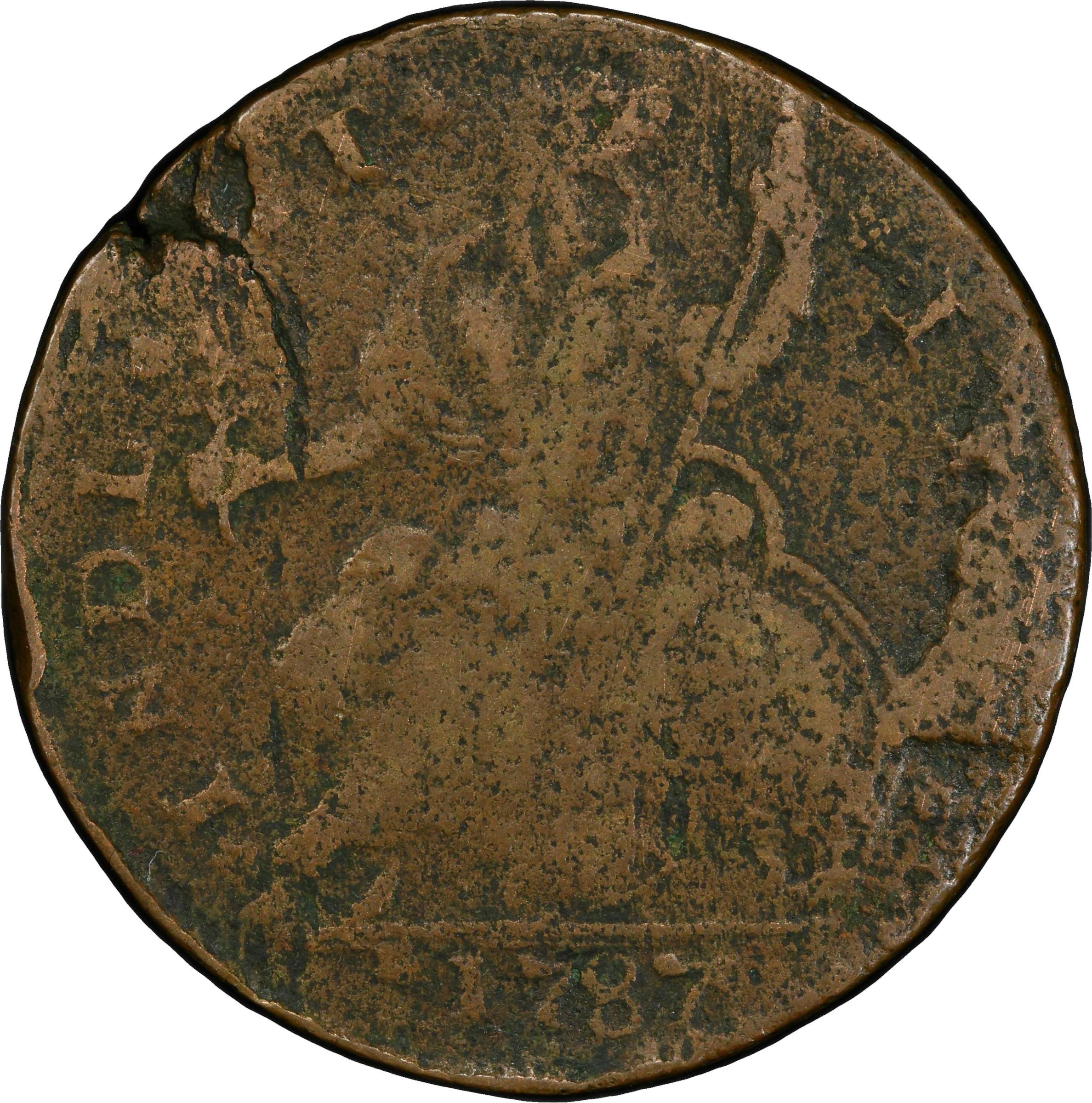 image for: 1787 Connecticut Copper. Miller 15-S, W-2915. Rarity-5+. Mailed Bust Left, CONNECT, INDL. VF Details--Environmental Damage (PCGS).