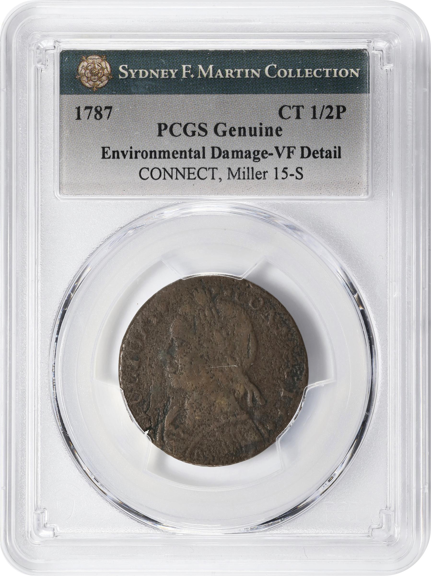 image for: 1787 Connecticut Copper. Miller 15-S, W-2915. Rarity-5+. Mailed Bust Left, CONNECT, INDL. VF Details--Environmental Damage (PCGS).