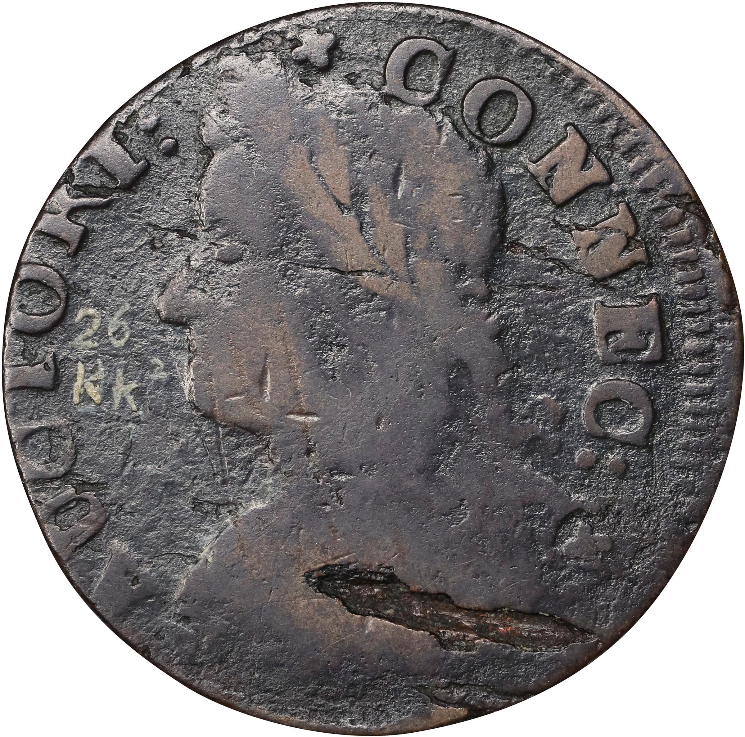 image for: 1787 Connecticut Copper. Miller 26-kk.1, W-3115. Rarity-5. Draped Bust Left, ETIIB. Very Good. Inked Attribution.