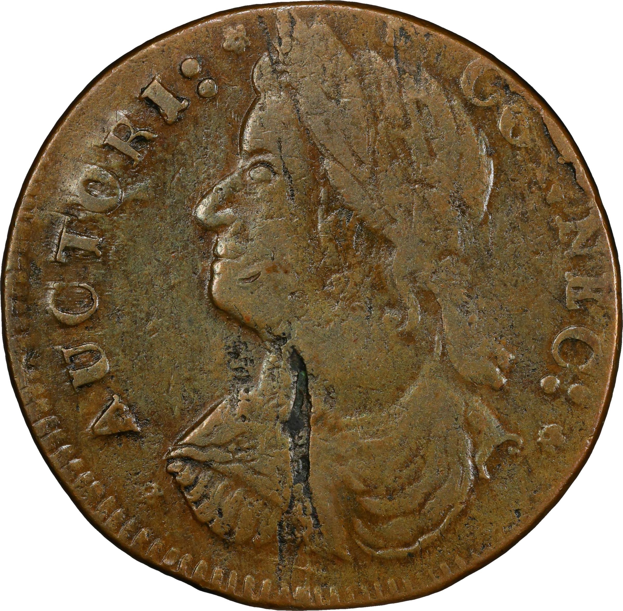 image for: 1787 Connecticut Copper. Miller 33.17-gg.2, W-3635. Rarity-5. Draped Bust Left, ETLIR. VF-25 (PCGS).