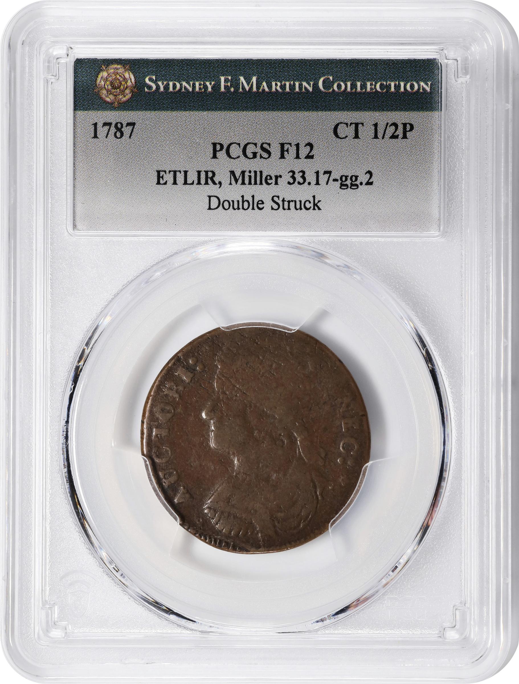 image for: 1787 Connecticut Copper. Miller 33.17-gg.2, W-3635. Rarity-5. Draped Bust Left, ETLIR. Double Struck. Fine-12 (PCGS).
