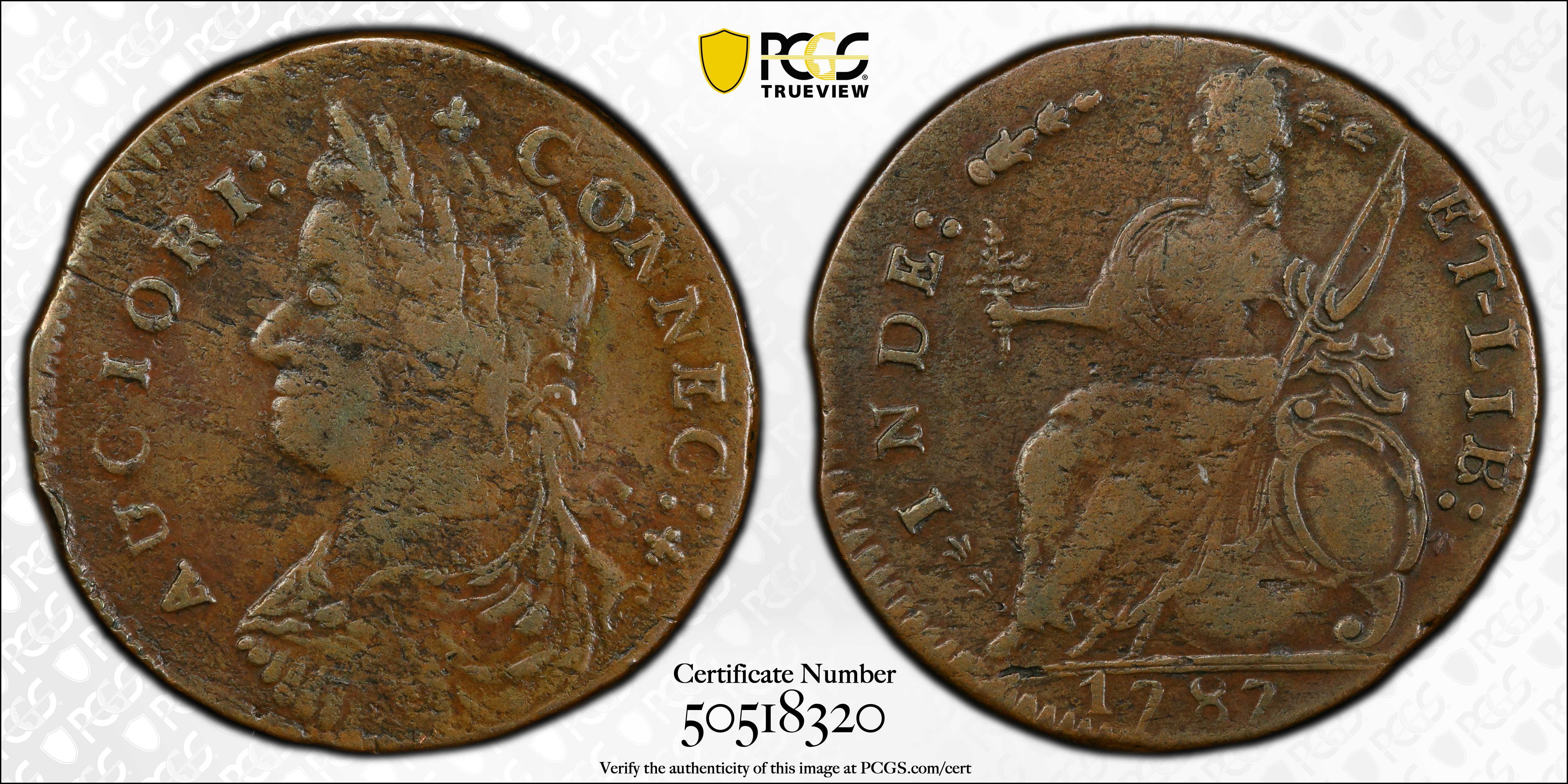 image for: 1787 Connecticut Copper. Miller 38-l.2, W-4200. Rarity-4. Draped Bust Left, AUCIORI. EF-40 (PCGS).