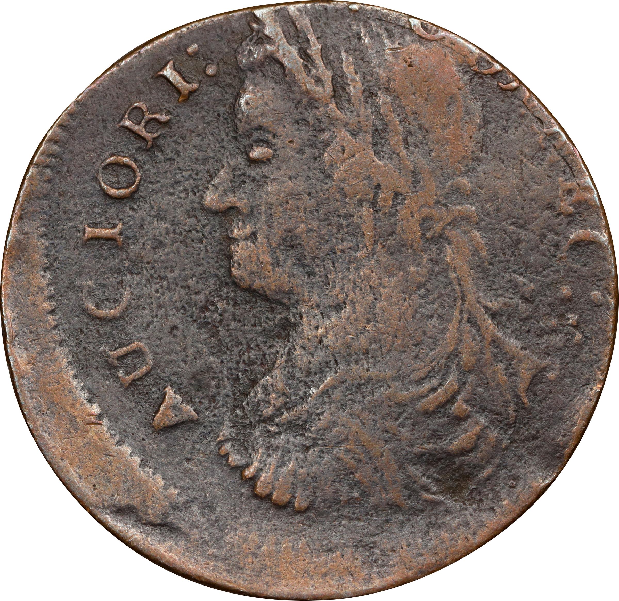 image for: 1787 Connecticut Copper. Miller 38-GG, W-4205. Rarity-4. Draped Bust Left, AUCIORI. Struck 15% Off Center. Very Fine, Damaged.