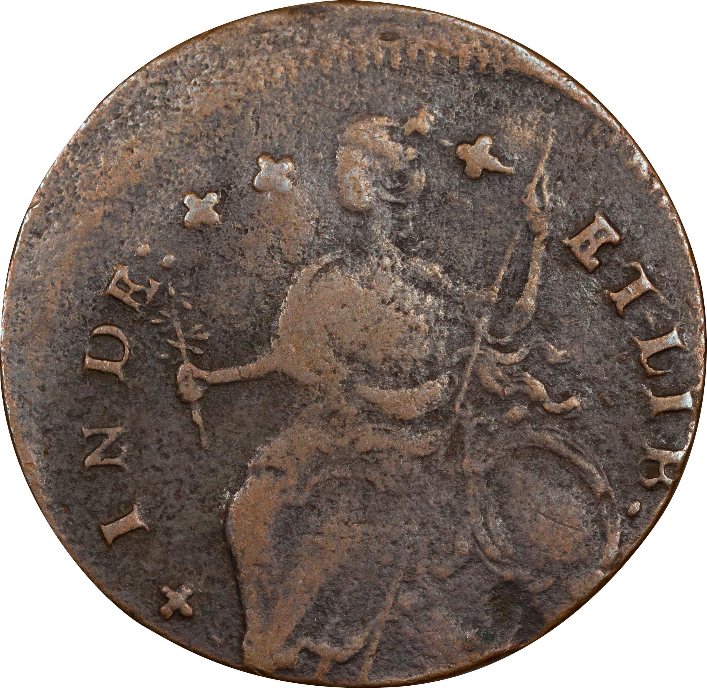 image for: 1787 Connecticut Copper. Miller 38-GG, W-4205. Rarity-4. Draped Bust Left, AUCIORI. Struck 15% Off Center. Very Fine, Damaged.