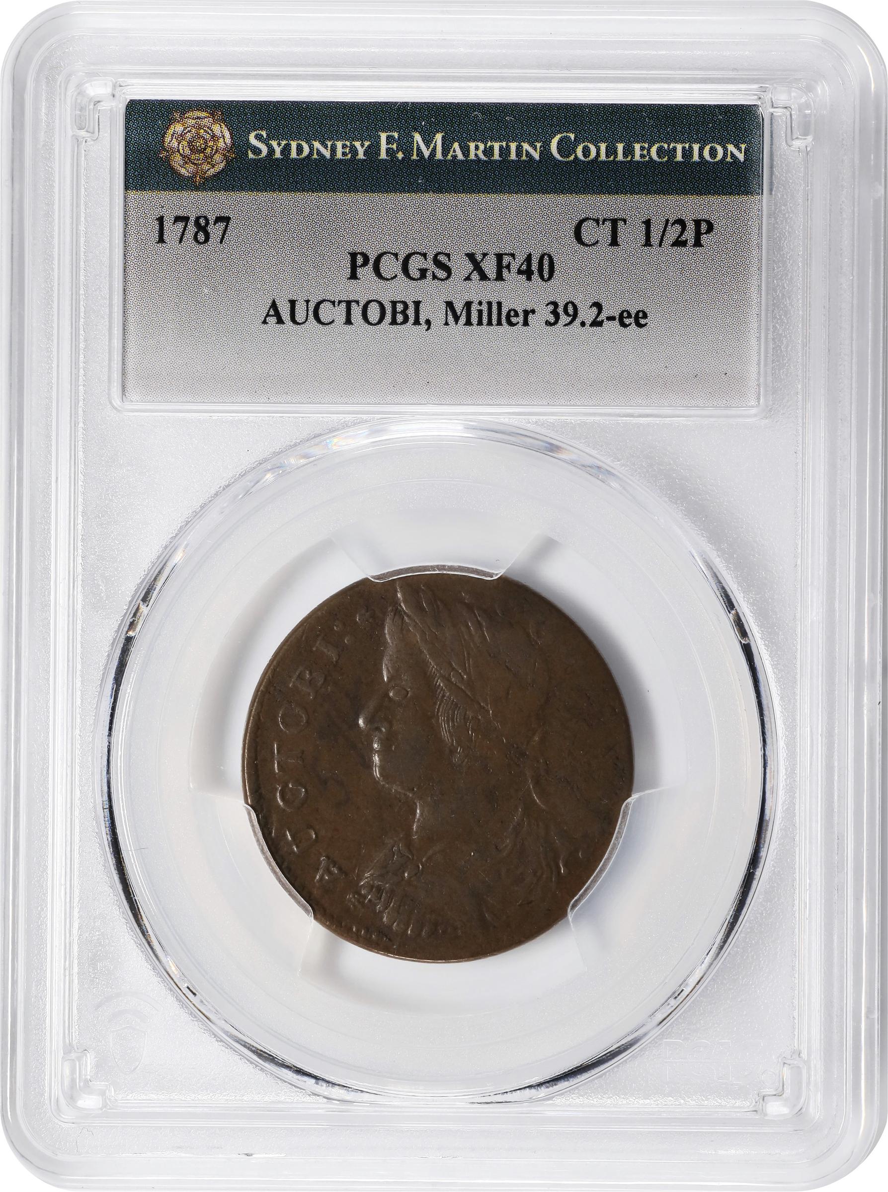 image for: 1787 Connecticut Copper. Miller 39.2-ee, W-4220. Rarity-5-. Draped Bust Left, AUCTOBI / ETLIR. EF-40 (PCGS).