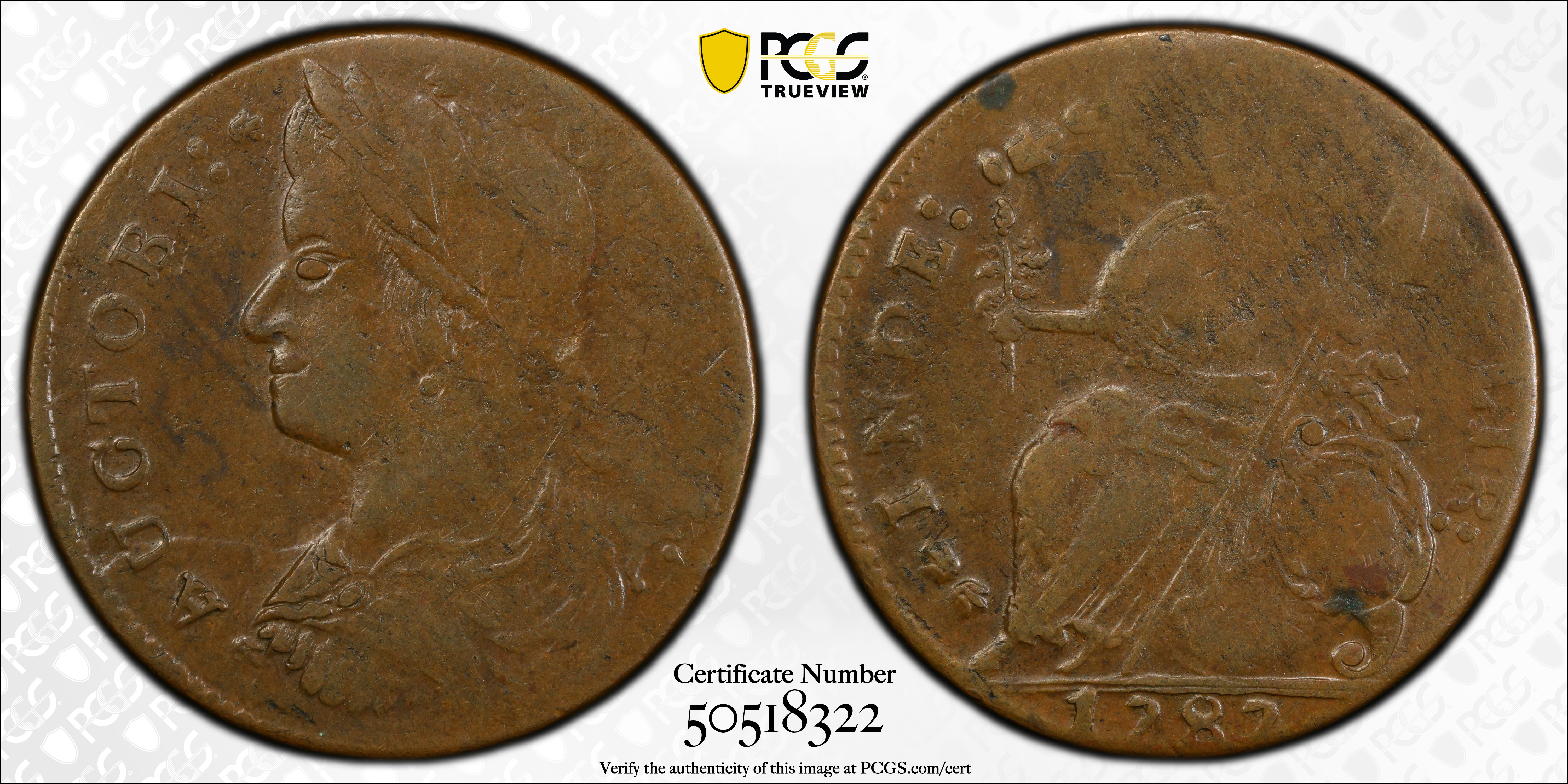 image for: 1787 Connecticut Copper. Miller 39.2-ee, W-4220. Rarity-5-. Draped Bust Left, AUCTOBI / ETLIR. EF-40 (PCGS).