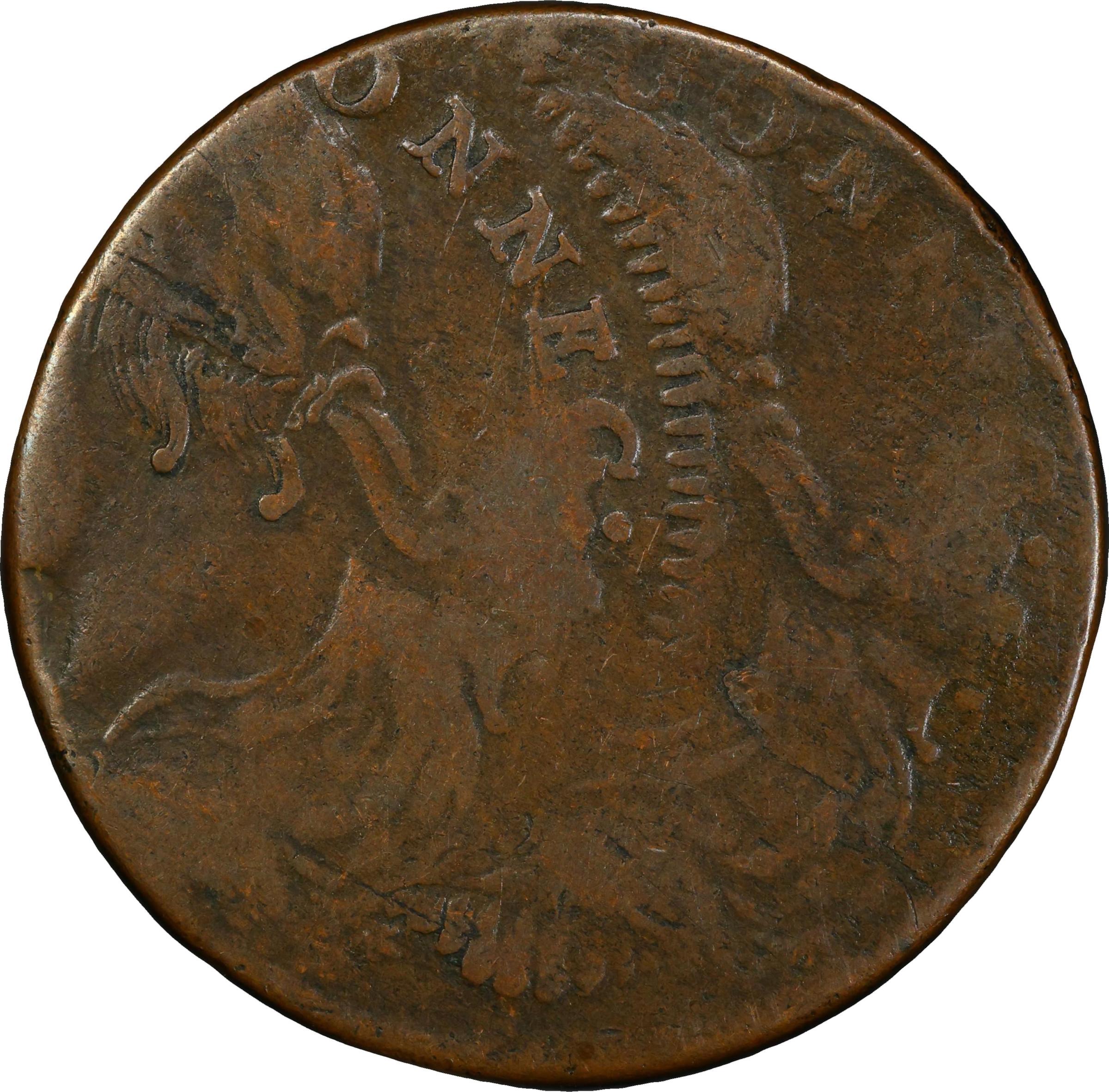 image for: 1787 Connecticut Copper. Miller 39.2-ee, W-4220. Rarity-5-. Draped Bust Left, AUCTOBI / ETLIR. Double Struck. VF-30 (PCGS).
