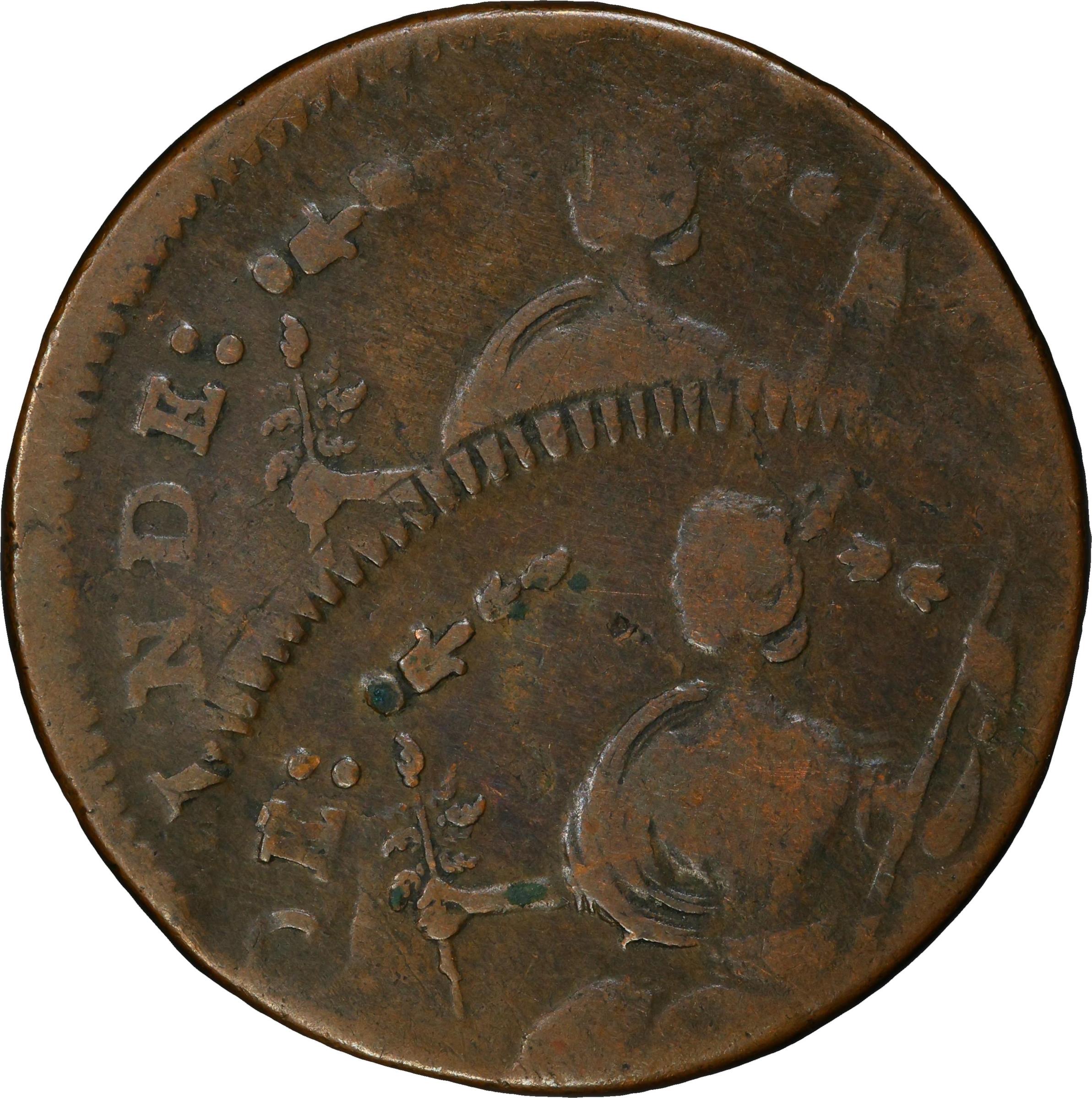image for: 1787 Connecticut Copper. Miller 39.2-ee, W-4220. Rarity-5-. Draped Bust Left, AUCTOBI / ETLIR. Double Struck. VF-30 (PCGS).