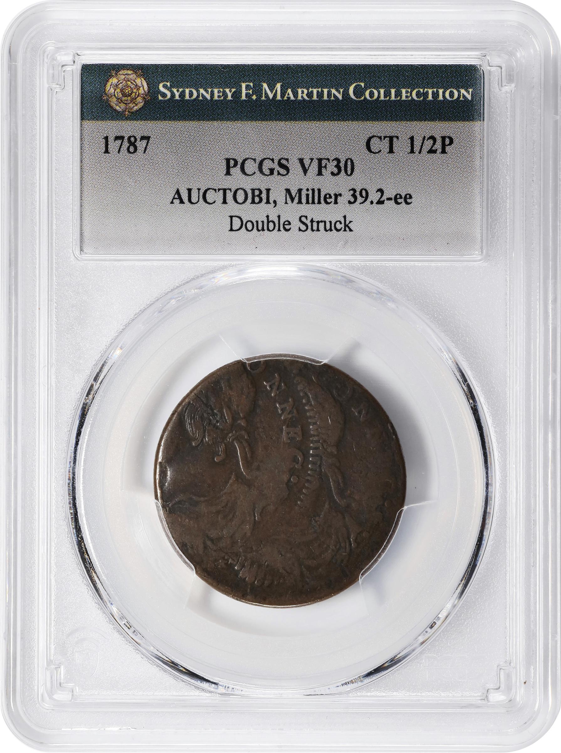 image for: 1787 Connecticut Copper. Miller 39.2-ee, W-4220. Rarity-5-. Draped Bust Left, AUCTOBI / ETLIR. Double Struck. VF-30 (PCGS).