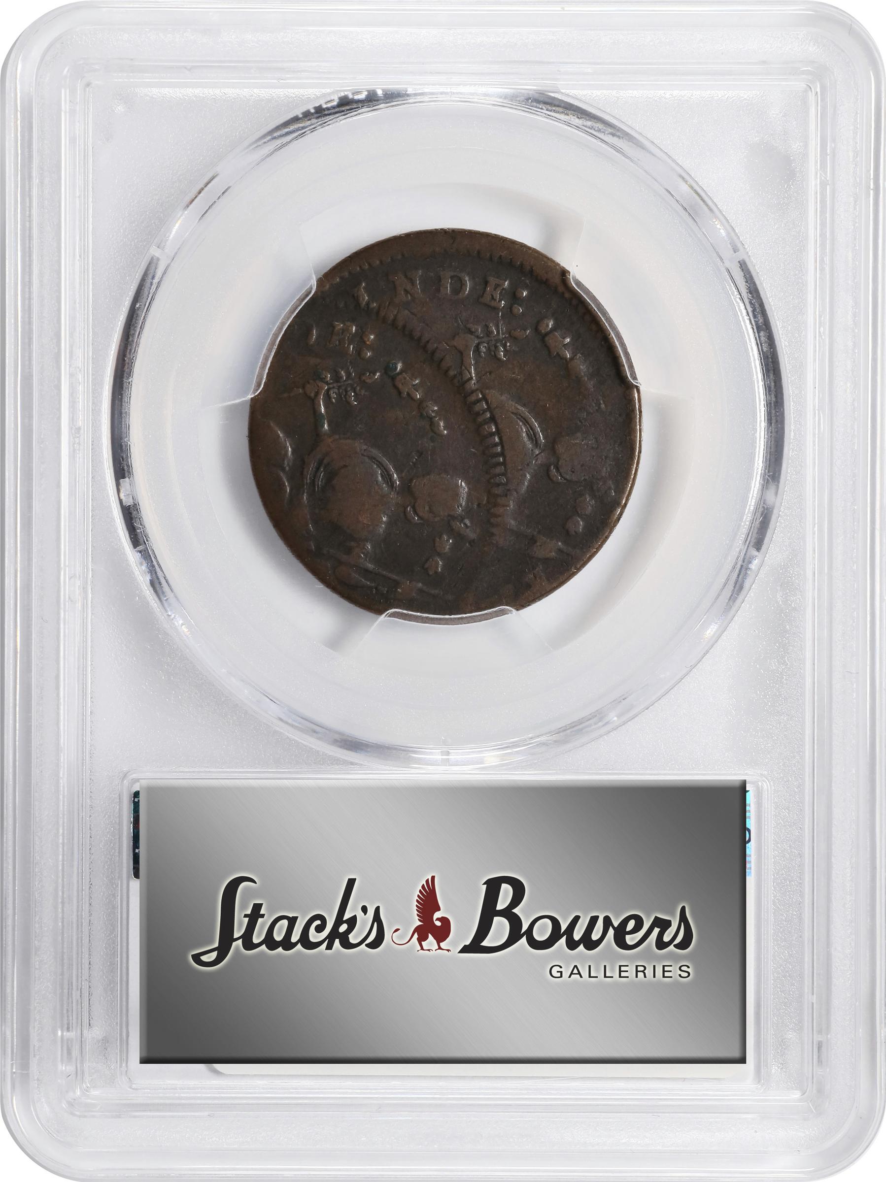 image for: 1787 Connecticut Copper. Miller 39.2-ee, W-4220. Rarity-5-. Draped Bust Left, AUCTOBI / ETLIR. Double Struck. VF-30 (PCGS).
