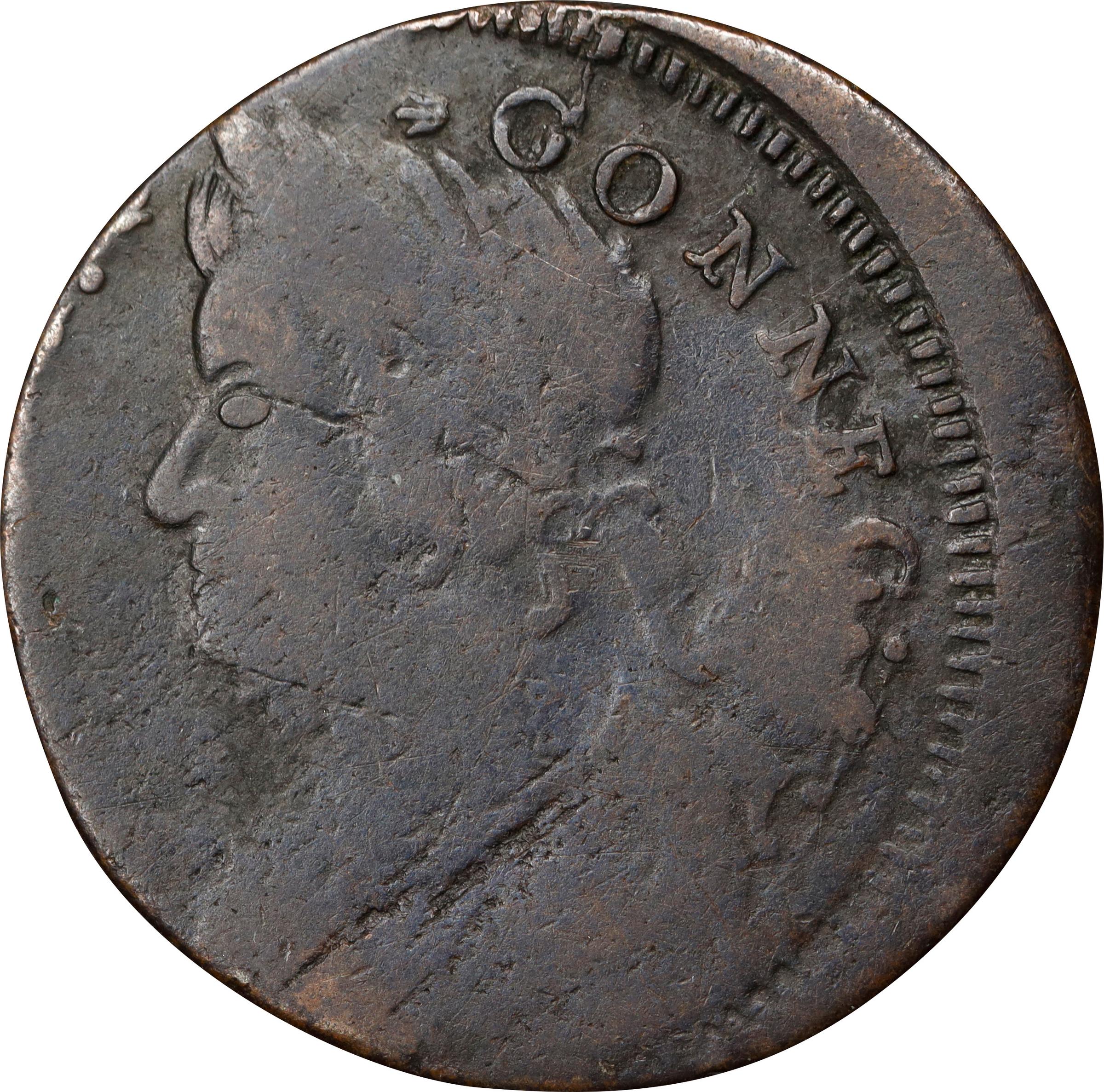 image for: 1787 Connecticut Copper. Miller 39.2-ee, W-4220. Rarity-5-. Draped Bust Left, AUCTOBI / ETLIR. Struck 10% Off Center. Fine.