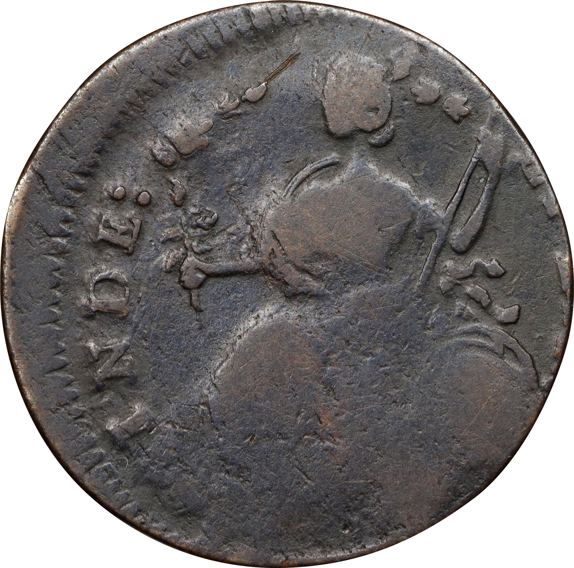 image for: 1787 Connecticut Copper. Miller 39.2-ee, W-4220. Rarity-5-. Draped Bust Left, AUCTOBI / ETLIR. Struck 10% Off Center. Fine.