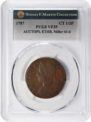 image for: 1787 Connecticut Copper. Miller 41-ii, W-4235. Rarity-4. Draped Bust Left, AUCTOPI / ETIIB. VF-35 (PCGS).