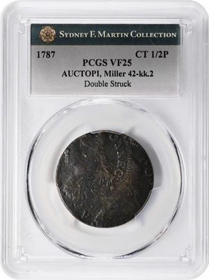 image for: 1787 Connecticut Copper. Miller 42-kk.2, W-4245. Rarity-5-. Draped Bust Left, AUCTOPI. Double Struck. VF-25 (PCGS).