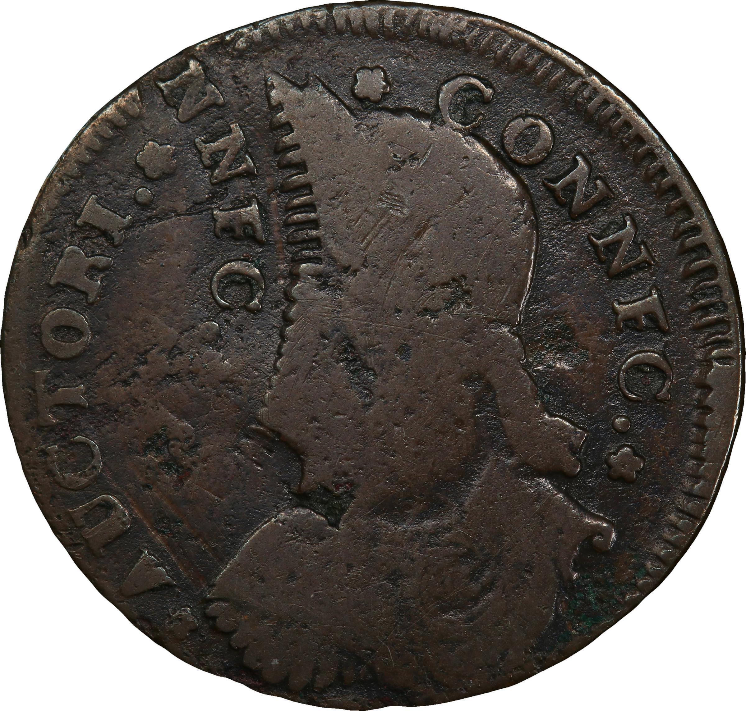 image for: 1787 Connecticut Copper. Miller 43.1-Y, W-4250. Rarity-2. Draped Bust Left, CONNFC. Double Struck. Fine-15 (PCGS).
