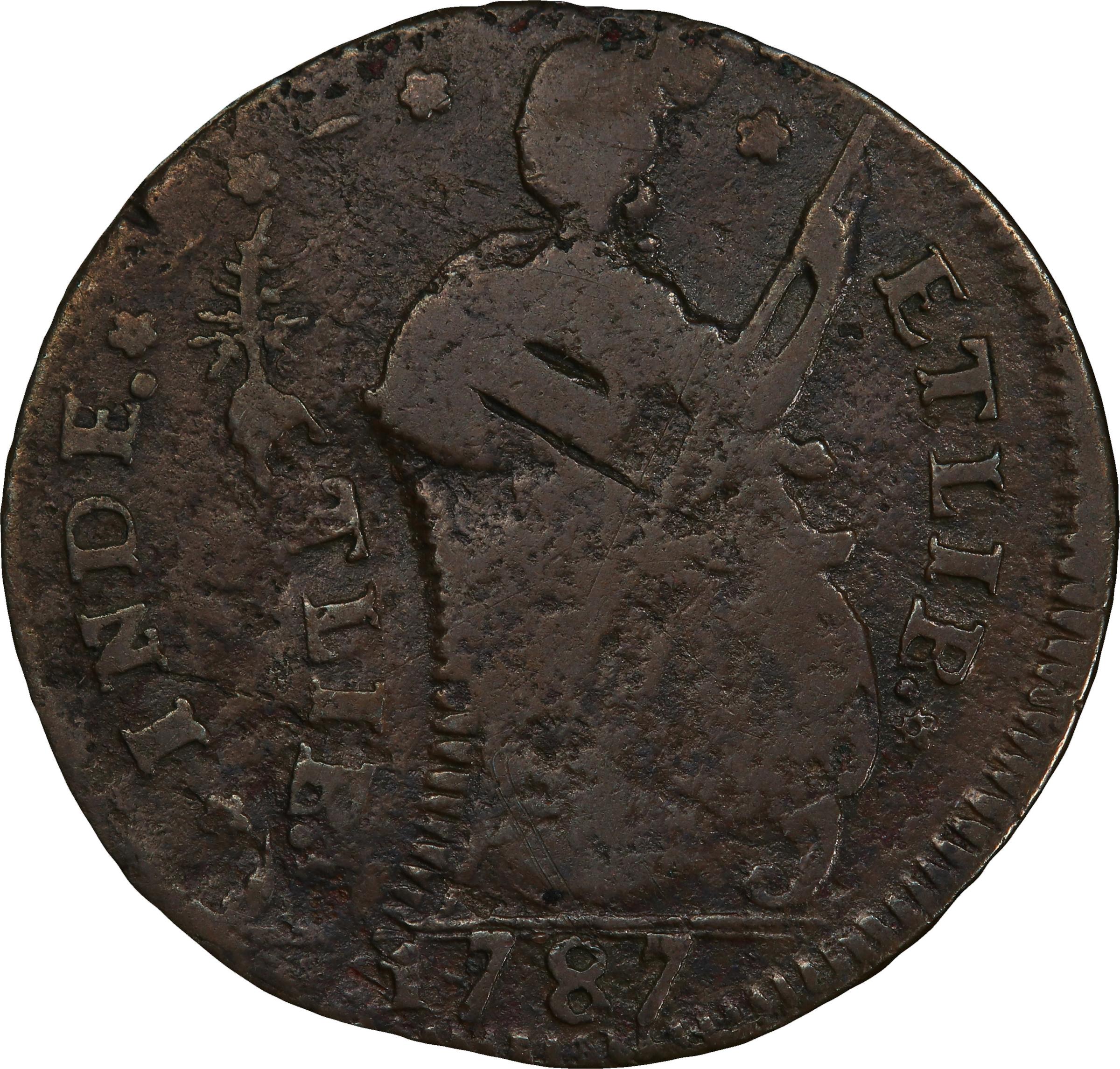 image for: 1787 Connecticut Copper. Miller 43.1-Y, W-4250. Rarity-2. Draped Bust Left, CONNFC. Double Struck. Fine-15 (PCGS).