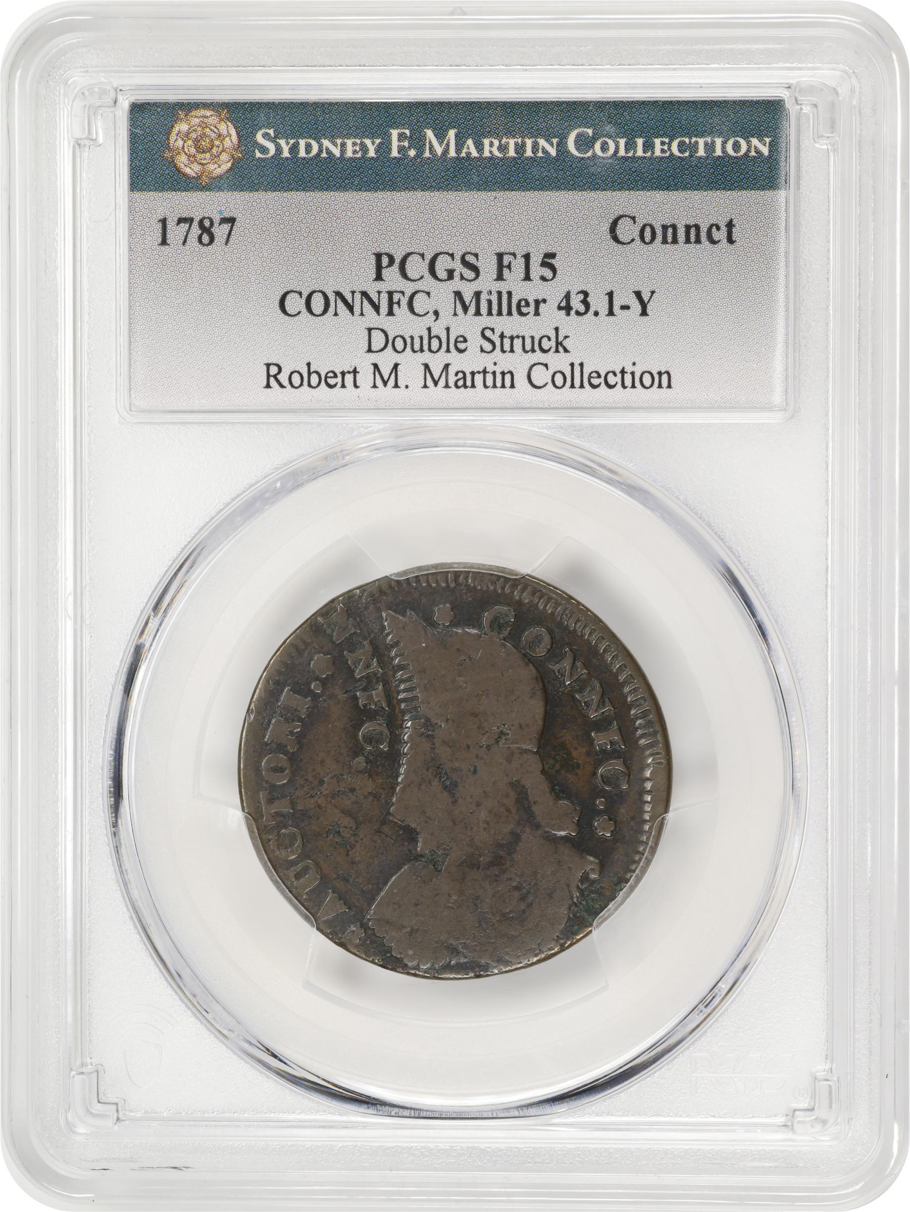image for: 1787 Connecticut Copper. Miller 43.1-Y, W-4250. Rarity-2. Draped Bust Left, CONNFC. Double Struck. Fine-15 (PCGS).
