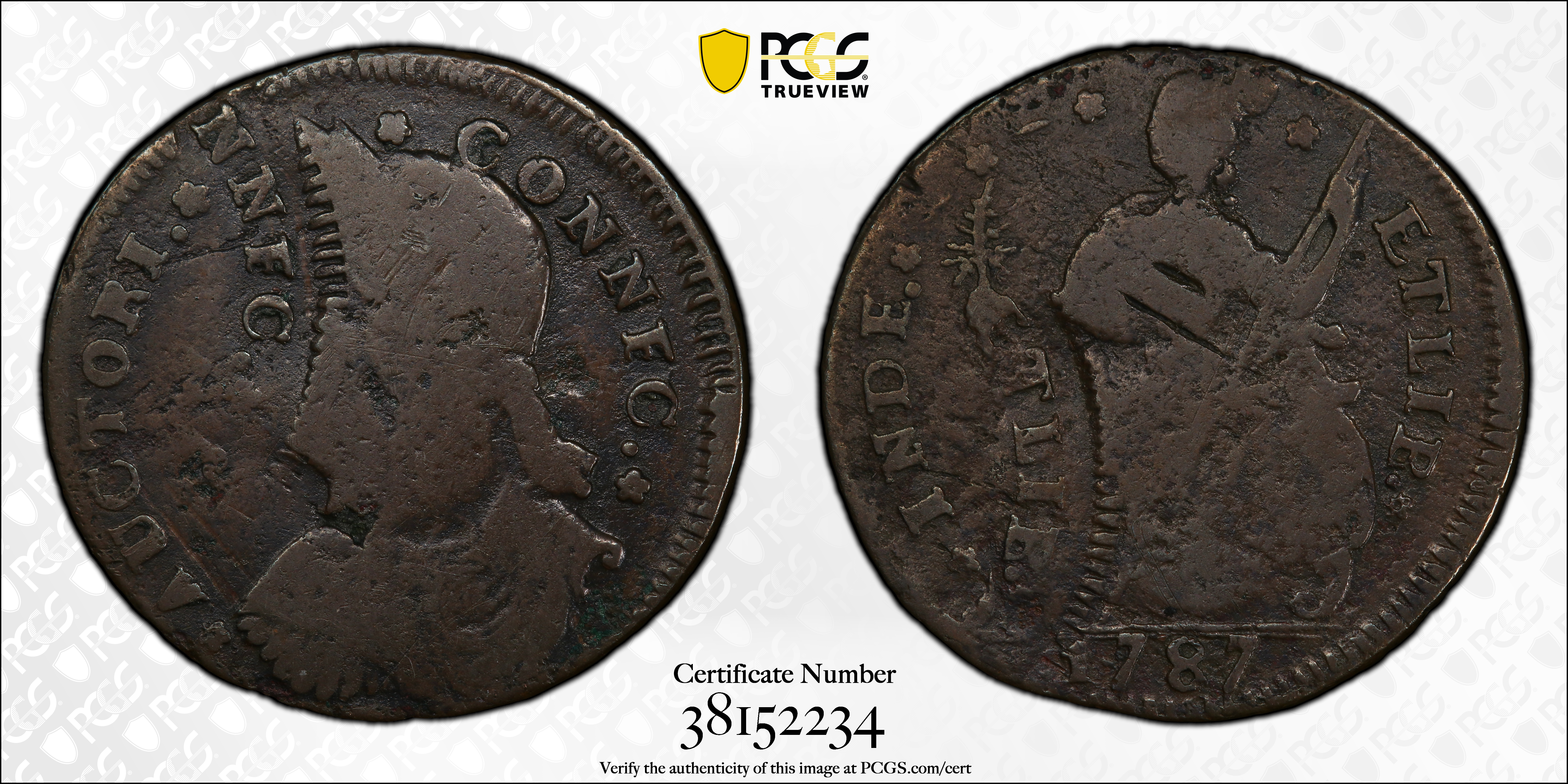 image for: 1787 Connecticut Copper. Miller 43.1-Y, W-4250. Rarity-2. Draped Bust Left, CONNFC. Double Struck. Fine-15 (PCGS).