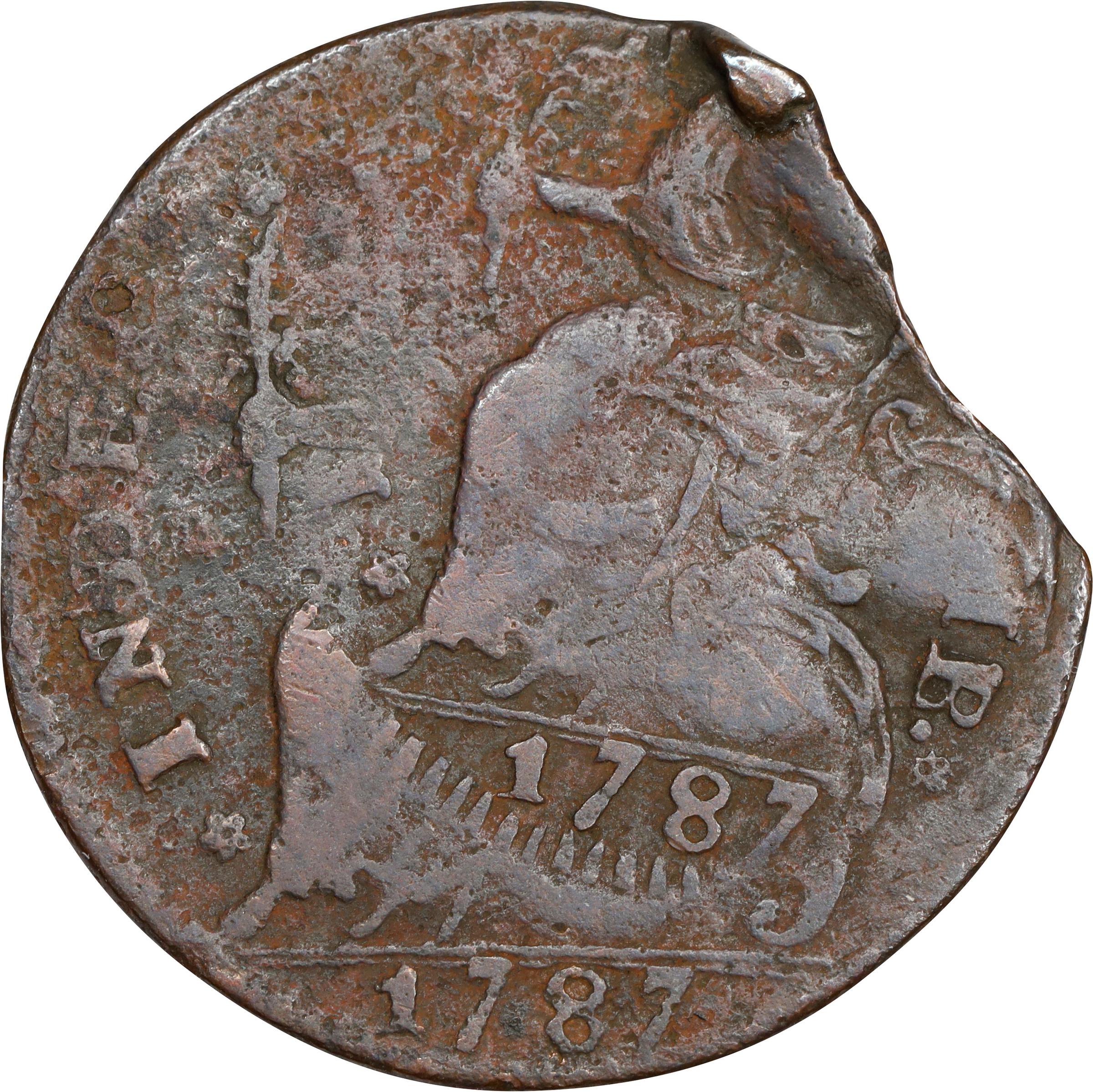 image for: 1787 Connecticut Copper. Miller 43.1-Y, W-4250. Rarity-2. Draped Bust Left, CONNFC. Triple Struck. Fine, Environmental Damage.