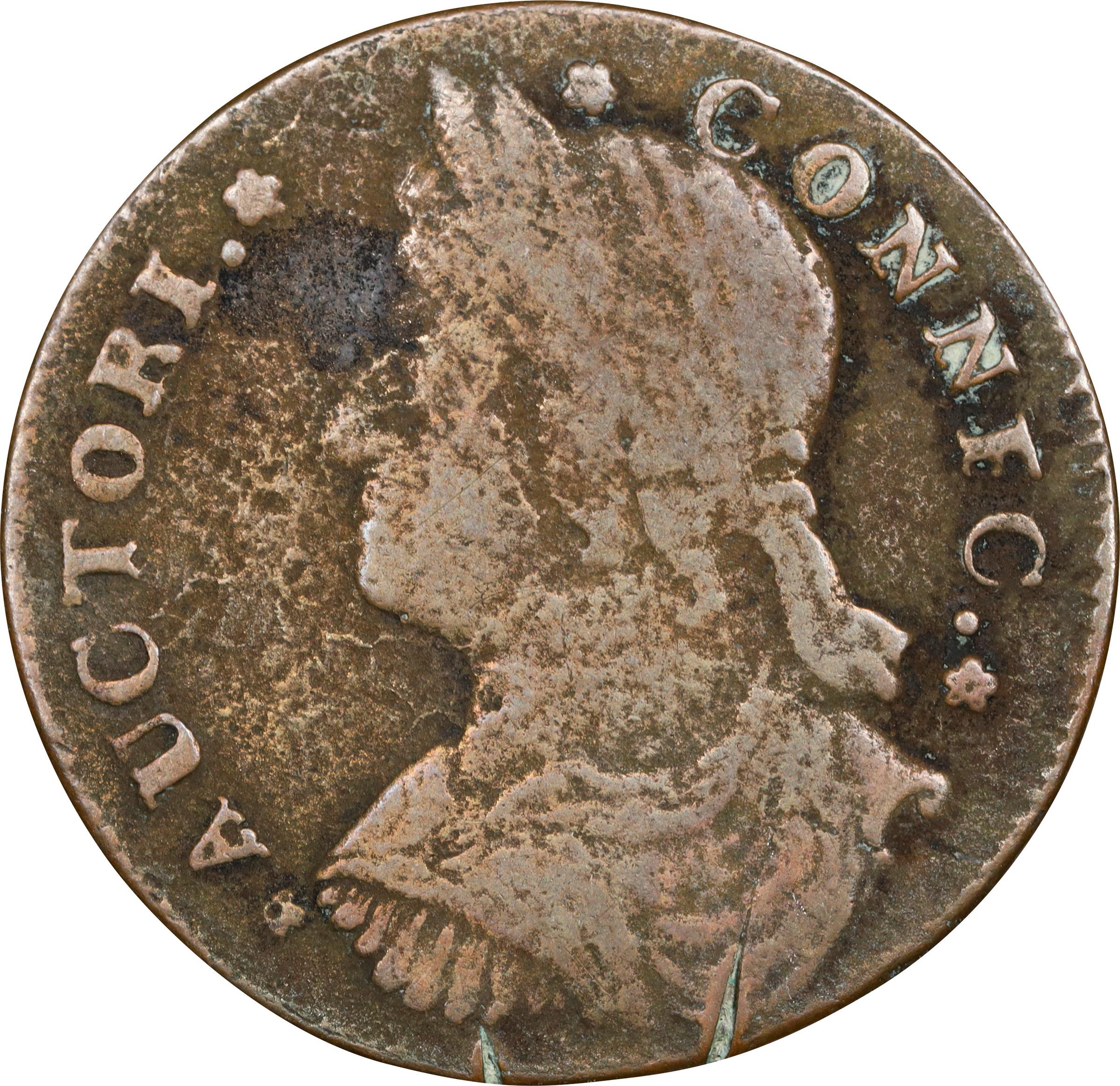 image for: 1787 Connecticut Copper. Miller 43.1-Y, W-4250. Rarity-2. Draped Bust Left, CONNFC. Fine, Damaged.