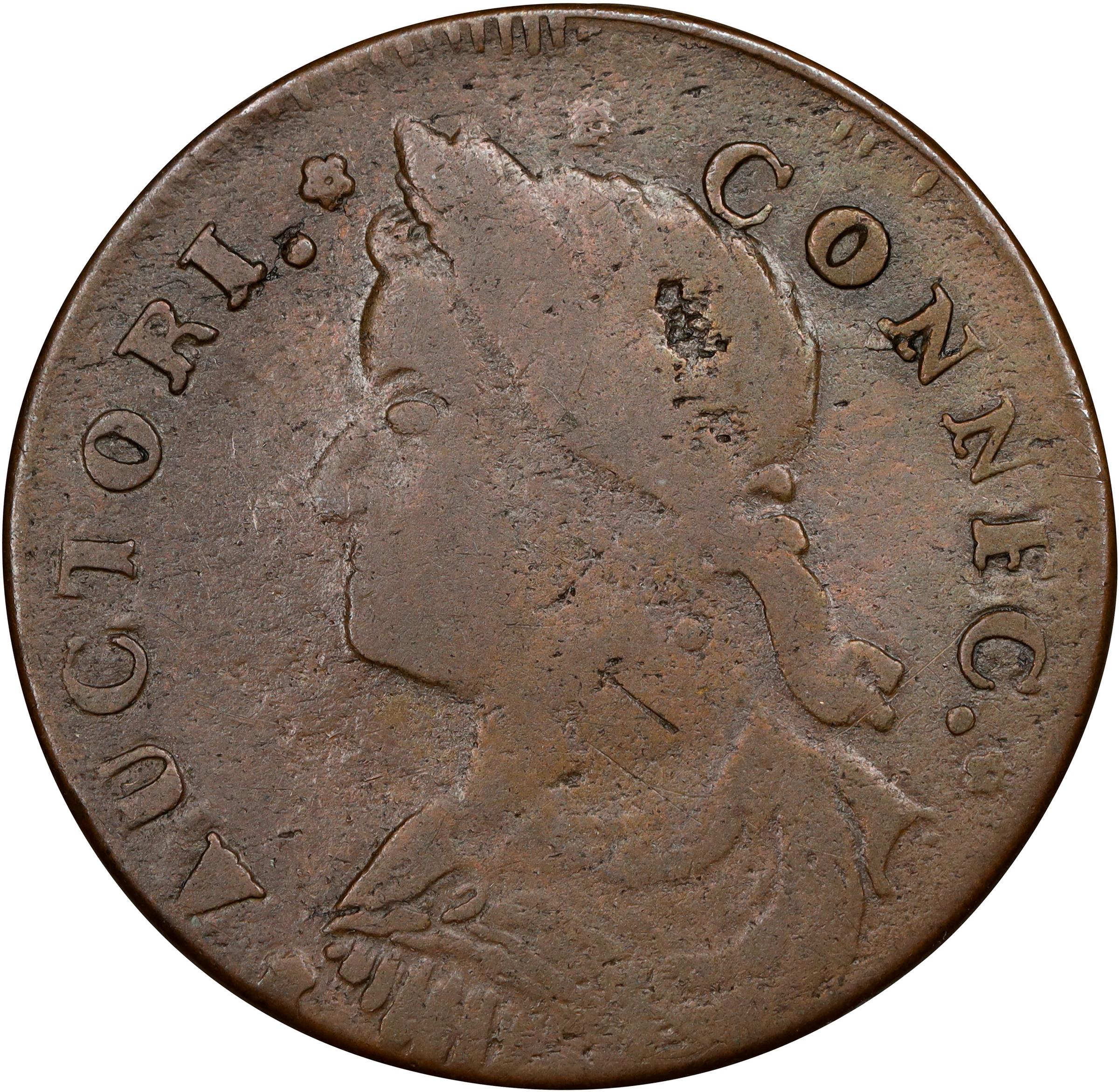 image for: 1787 Connecticut Copper. Miller 43.2-X.4, W-4255. Rarity-5. Draped Bust Left, CONNFC. Very Fine.
