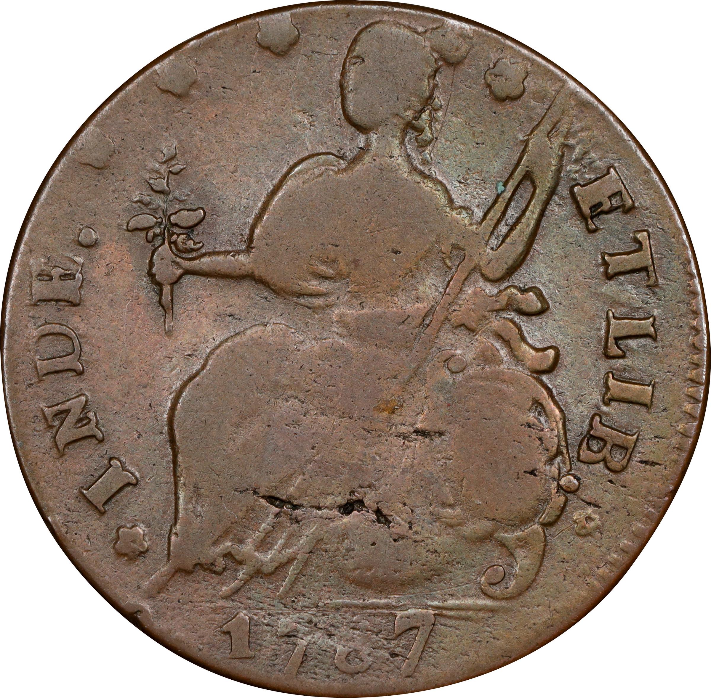 image for: 1787 Connecticut Copper. Miller 43.2-X.4, W-4255. Rarity-5. Draped Bust Left, CONNFC. Very Fine.