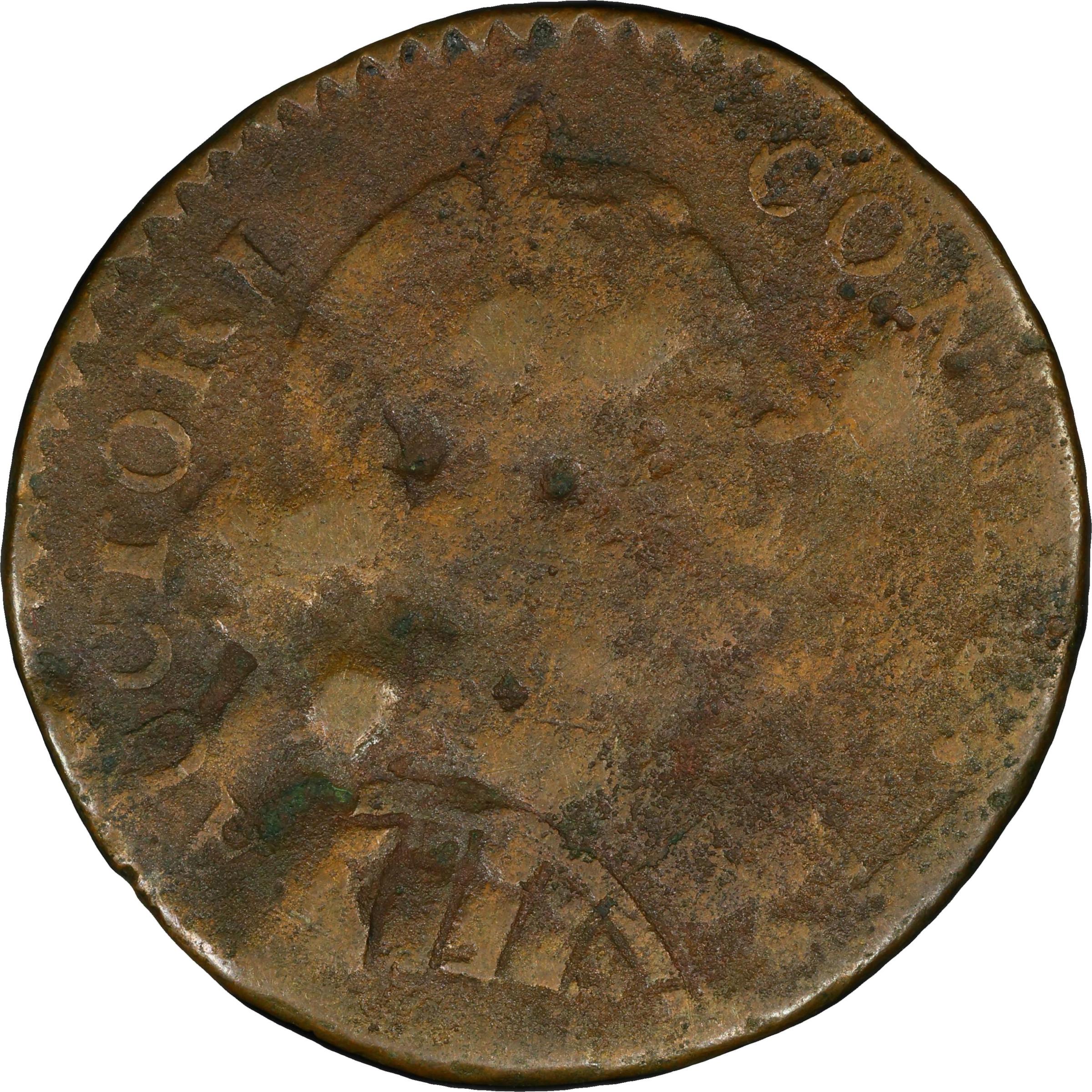 image for: 1787 Connecticut Copper. Miller 52-G.1, W-2745. Rarity-6-. Mailed Bust Right, Roman Head. Good Details--Damage (PCGS).
