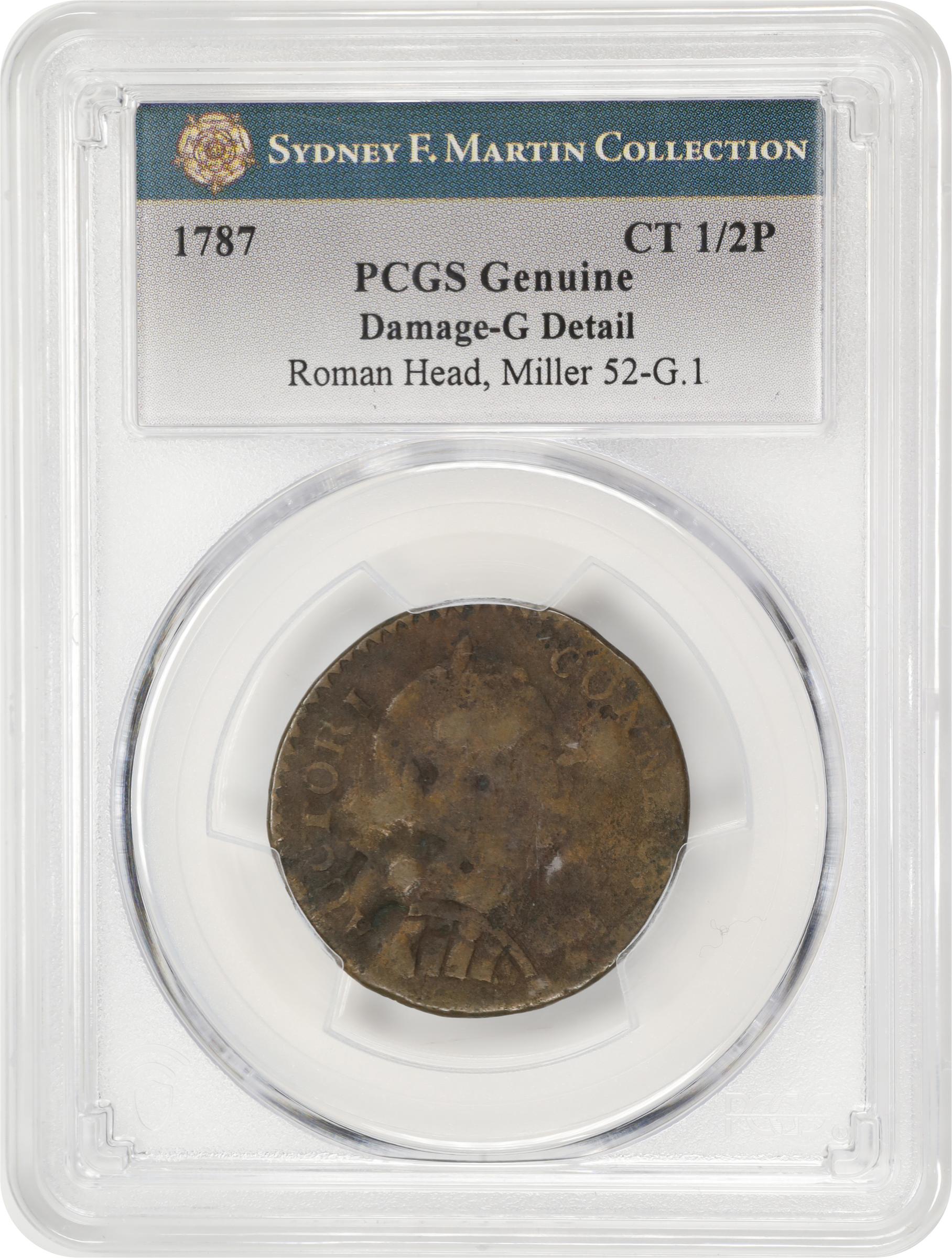 image for: 1787 Connecticut Copper. Miller 52-G.1, W-2745. Rarity-6-. Mailed Bust Right, Roman Head. Good Details--Damage (PCGS).