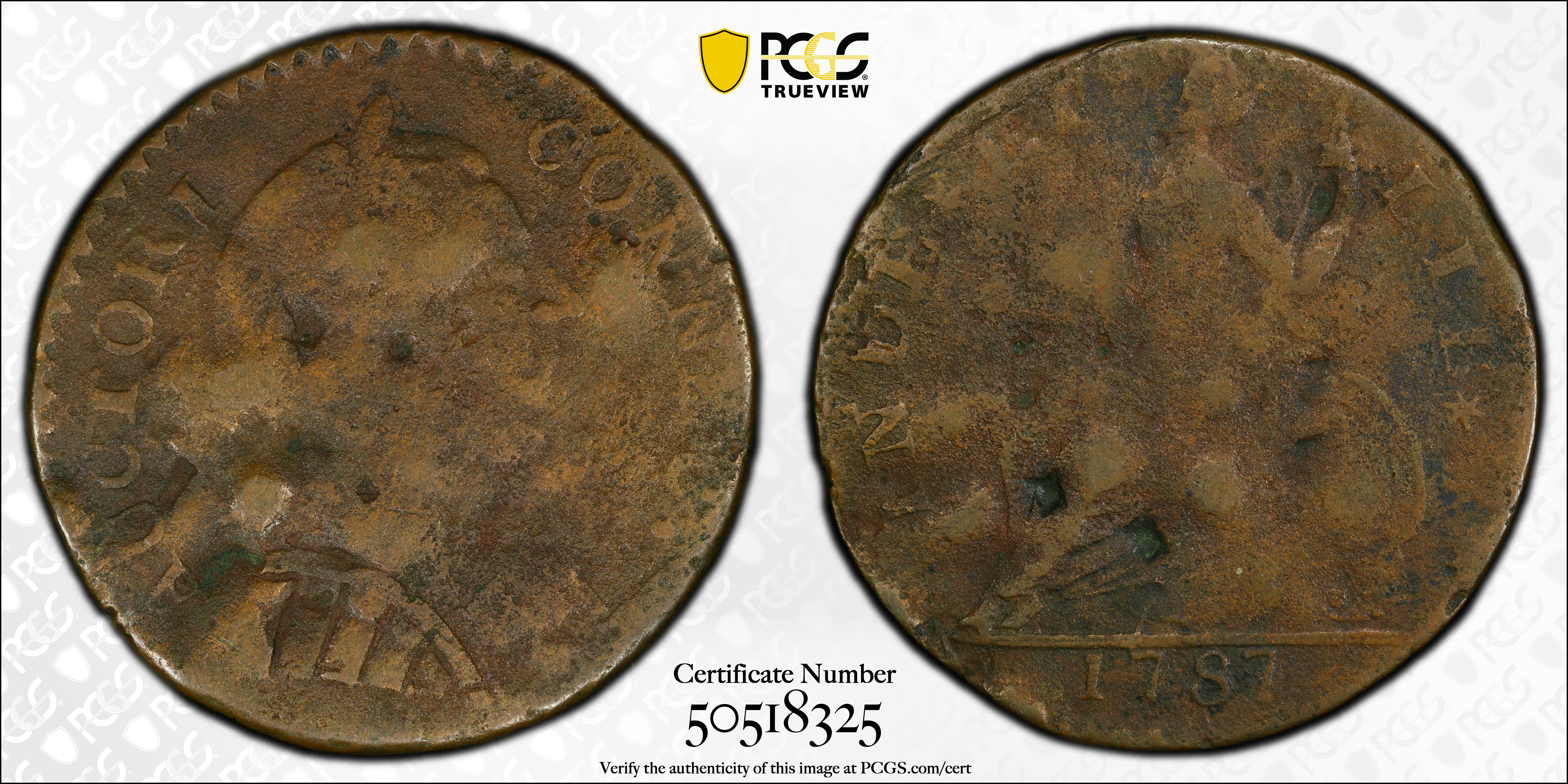 image for: 1787 Connecticut Copper. Miller 52-G.1, W-2745. Rarity-6-. Mailed Bust Right, Roman Head. Good Details--Damage (PCGS).