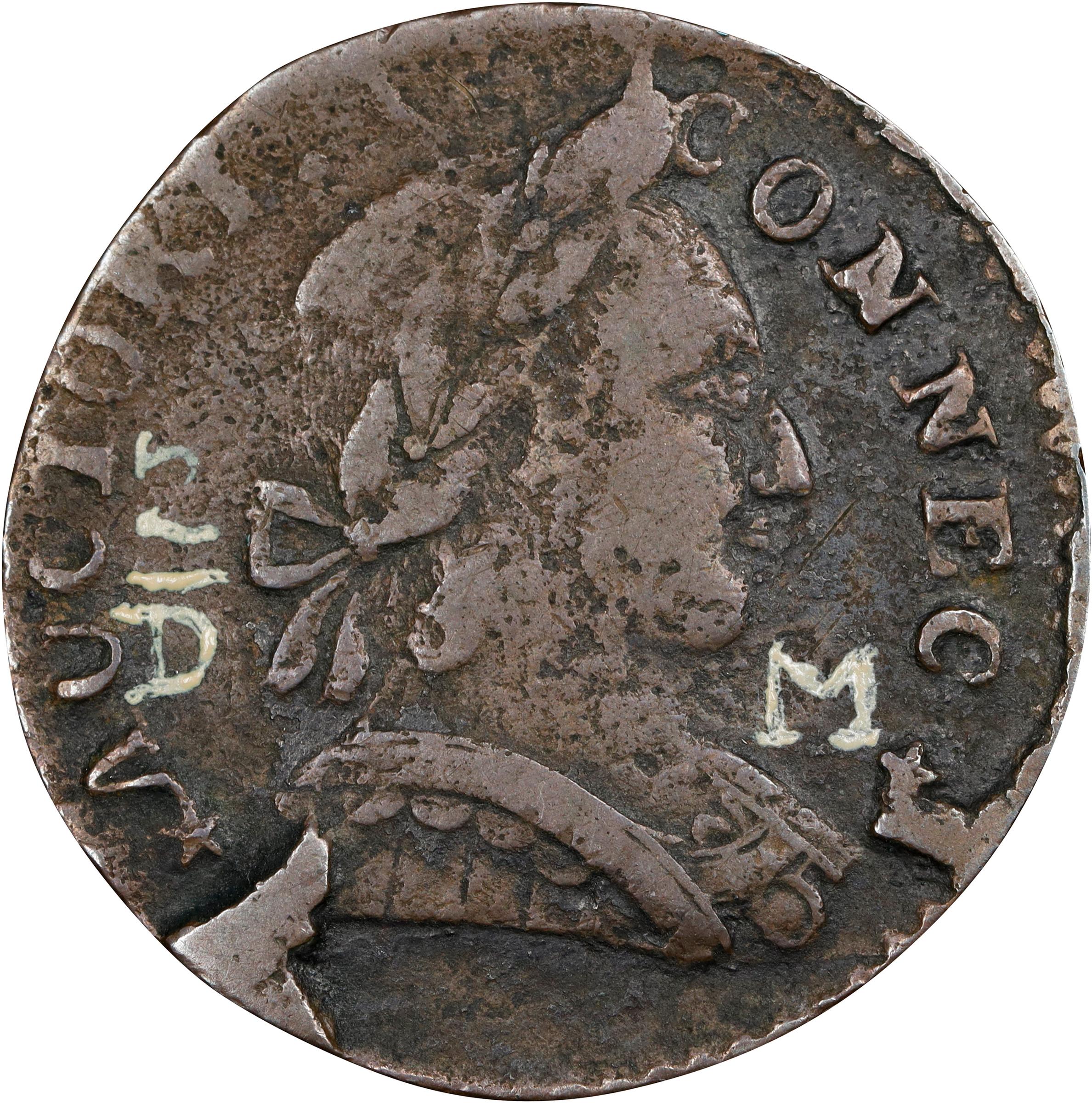 image for: 1788 Connecticut Copper. Miller 2-D, W-4405. Rarity-1. Mailed Bust Right. Very Fine, Porous. Inked Attribution.