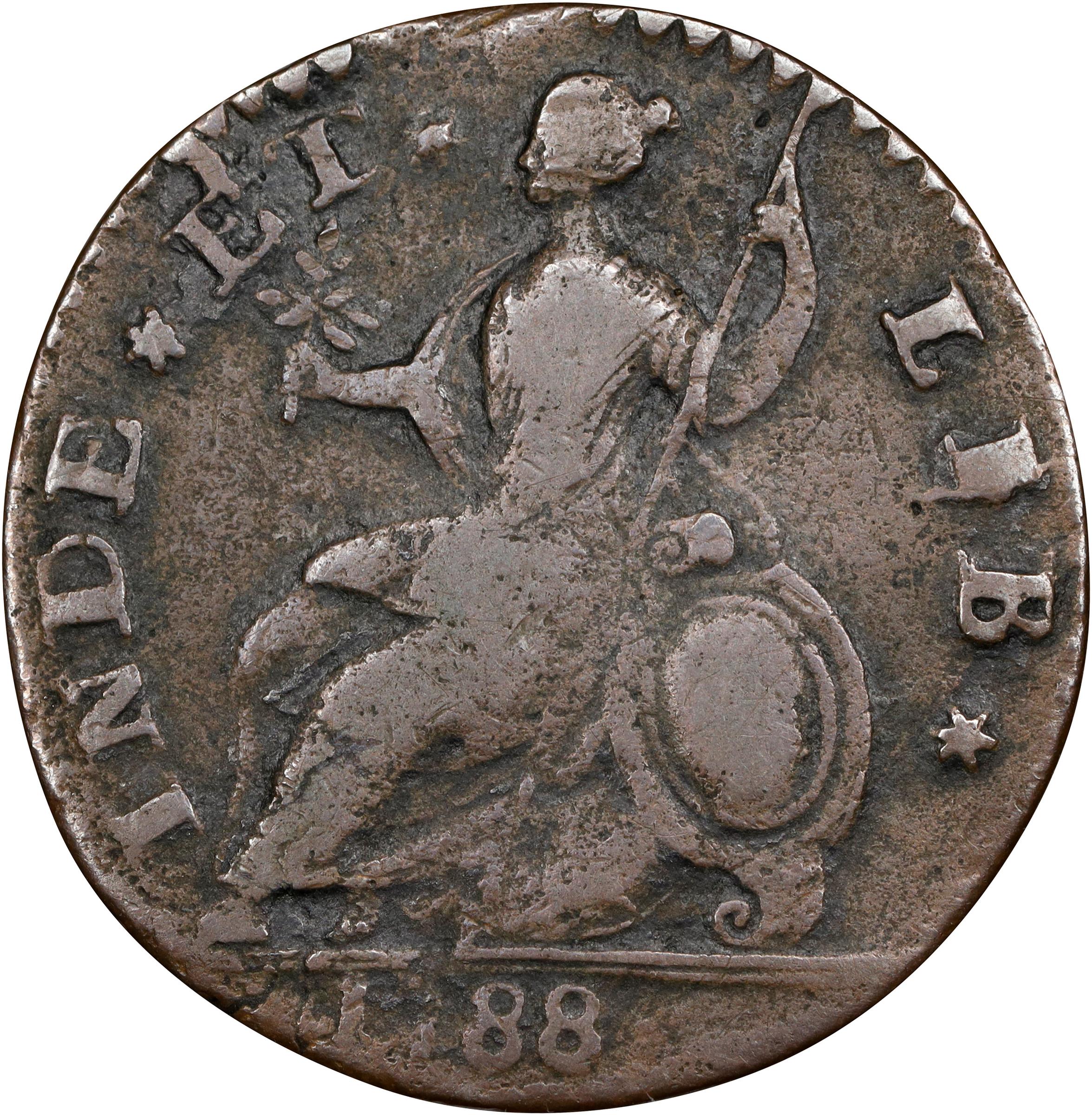image for: 1788 Connecticut Copper. Miller 2-D, W-4405. Rarity-1. Mailed Bust Right. Very Fine, Porous. Inked Attribution.