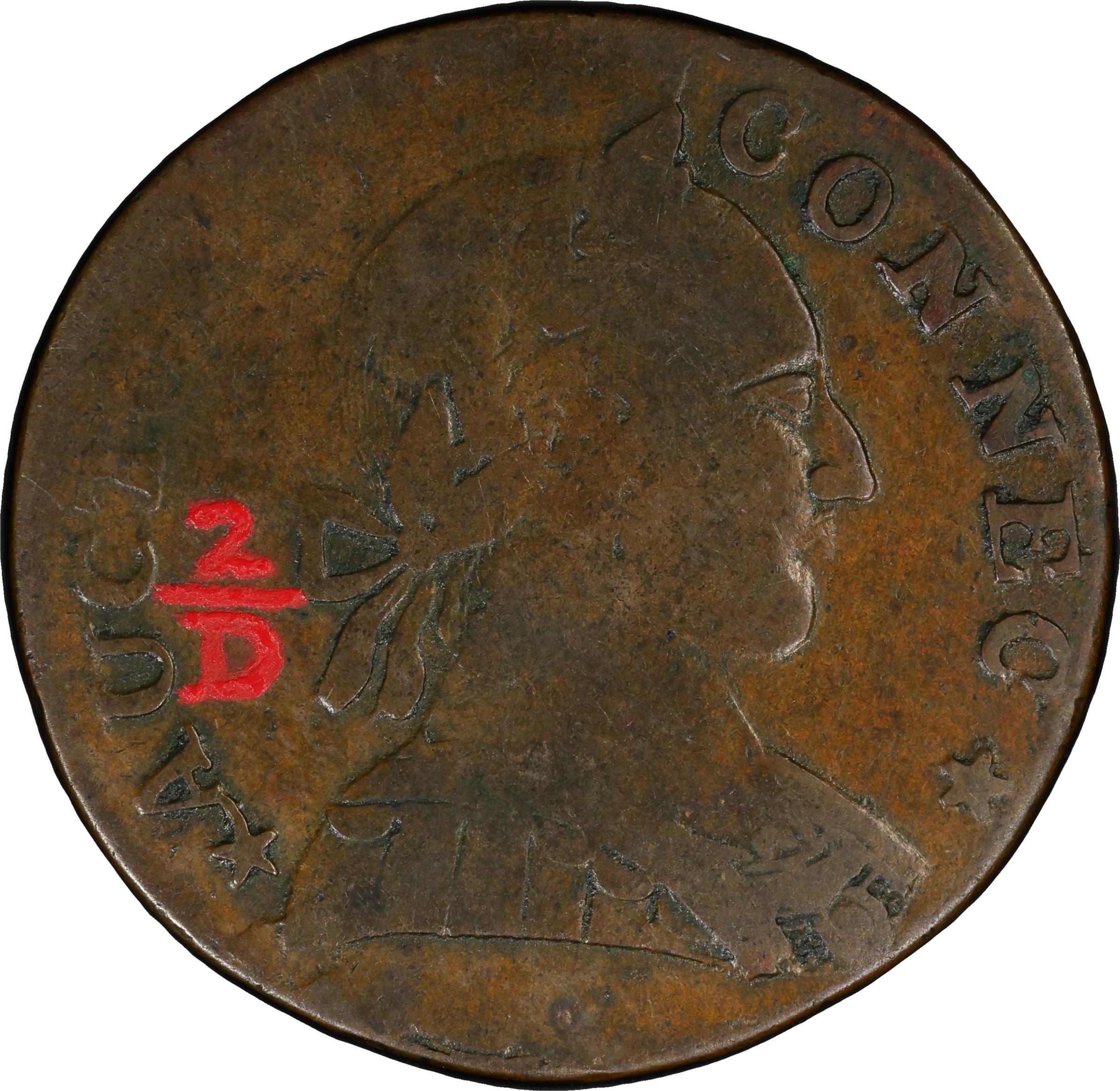 image for: 1788 Connecticut Copper. Miller 2-D, W-4405. Rarity-1. Mailed Bust Right. Fine-12 (PCGS). Inked Attribution.