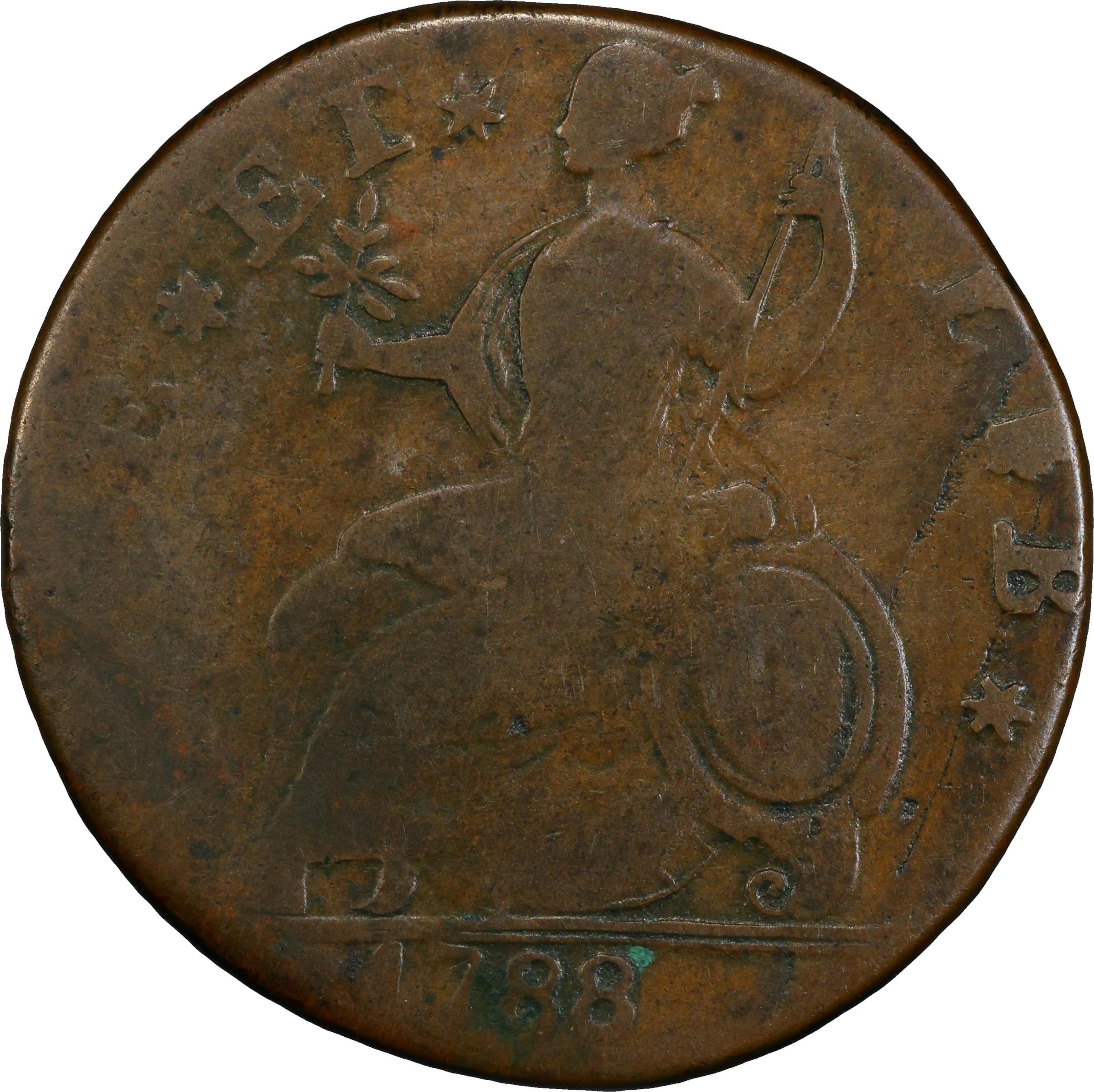 image for: 1788 Connecticut Copper. Miller 2-D, W-4405. Rarity-1. Mailed Bust Right. Fine-12 (PCGS). Inked Attribution.