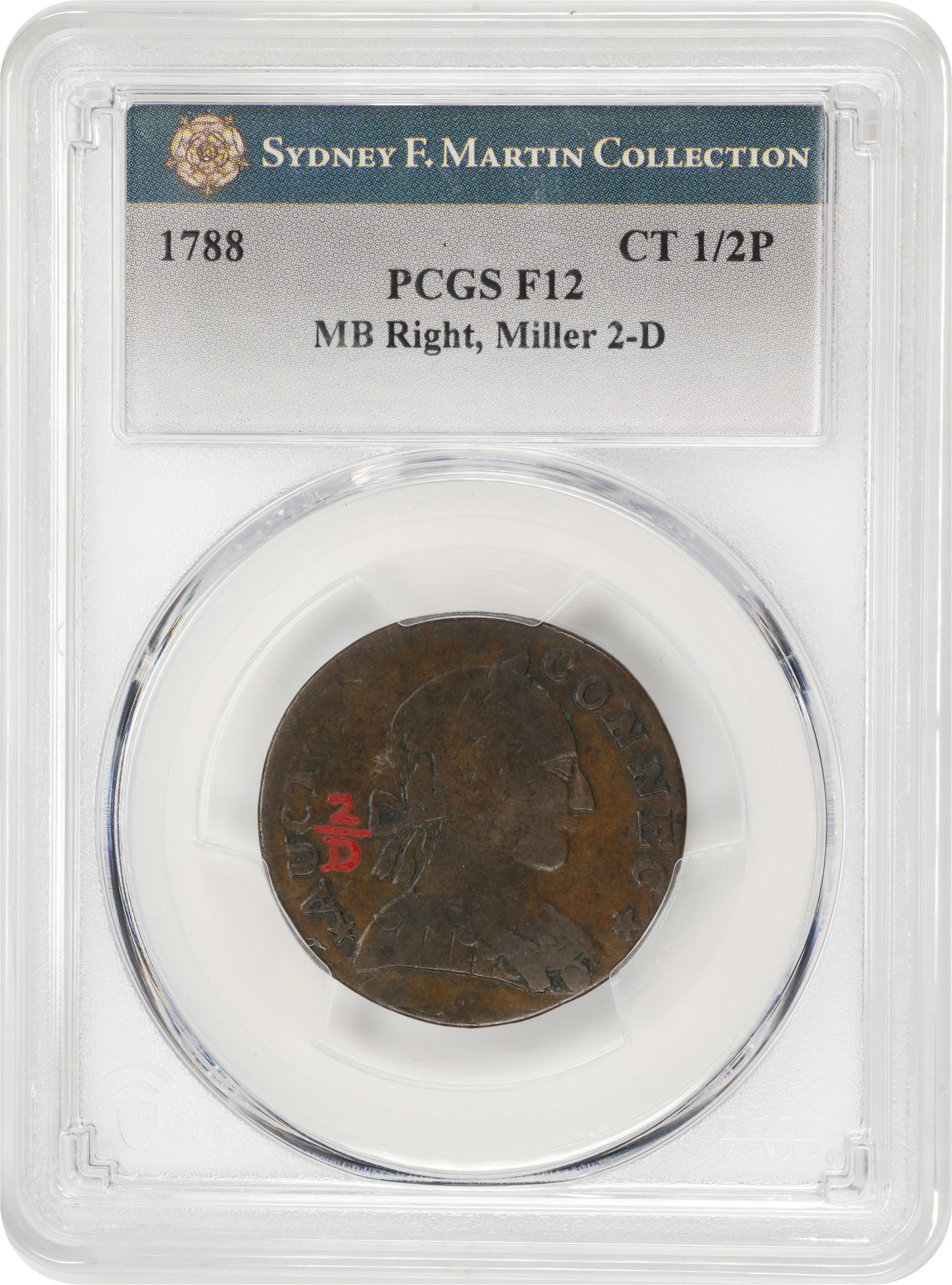 image for: 1788 Connecticut Copper. Miller 2-D, W-4405. Rarity-1. Mailed Bust Right. Fine-12 (PCGS). Inked Attribution.
