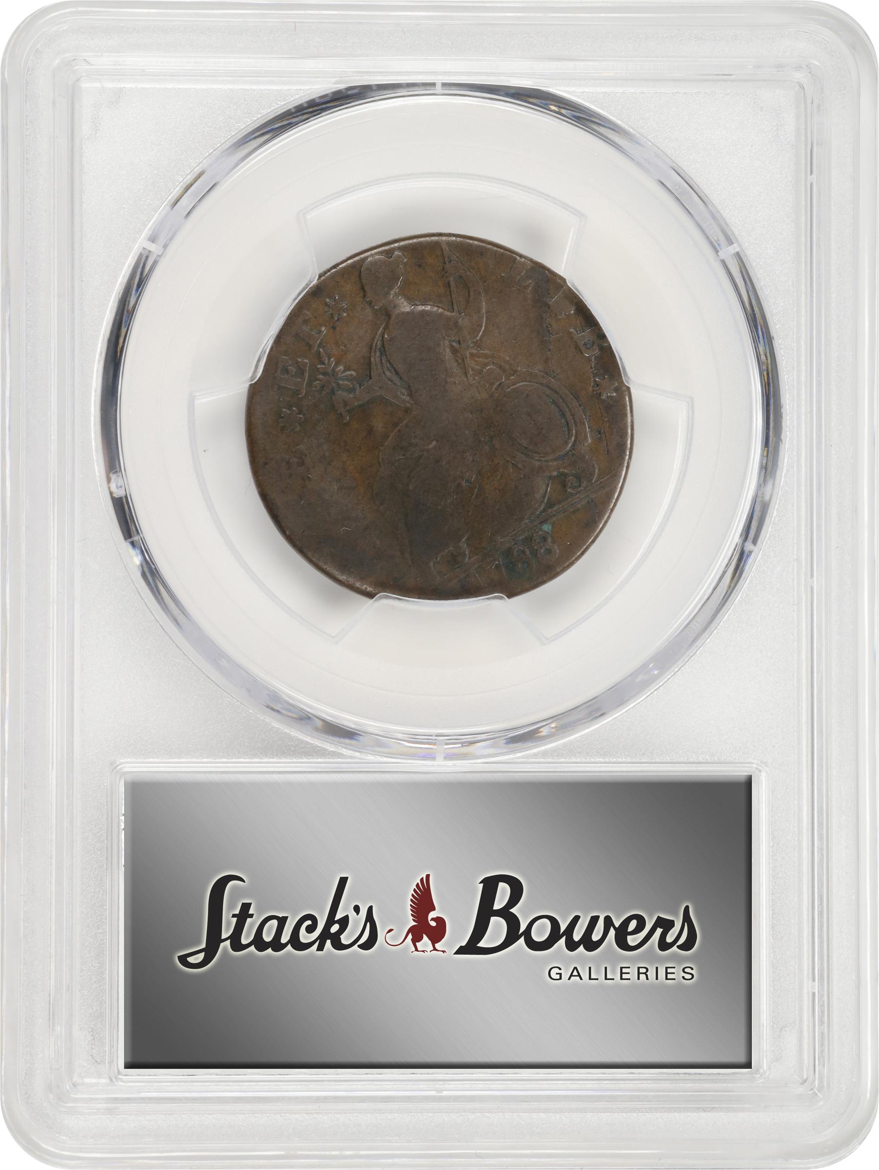 image for: 1788 Connecticut Copper. Miller 2-D, W-4405. Rarity-1. Mailed Bust Right. Fine-12 (PCGS). Inked Attribution.