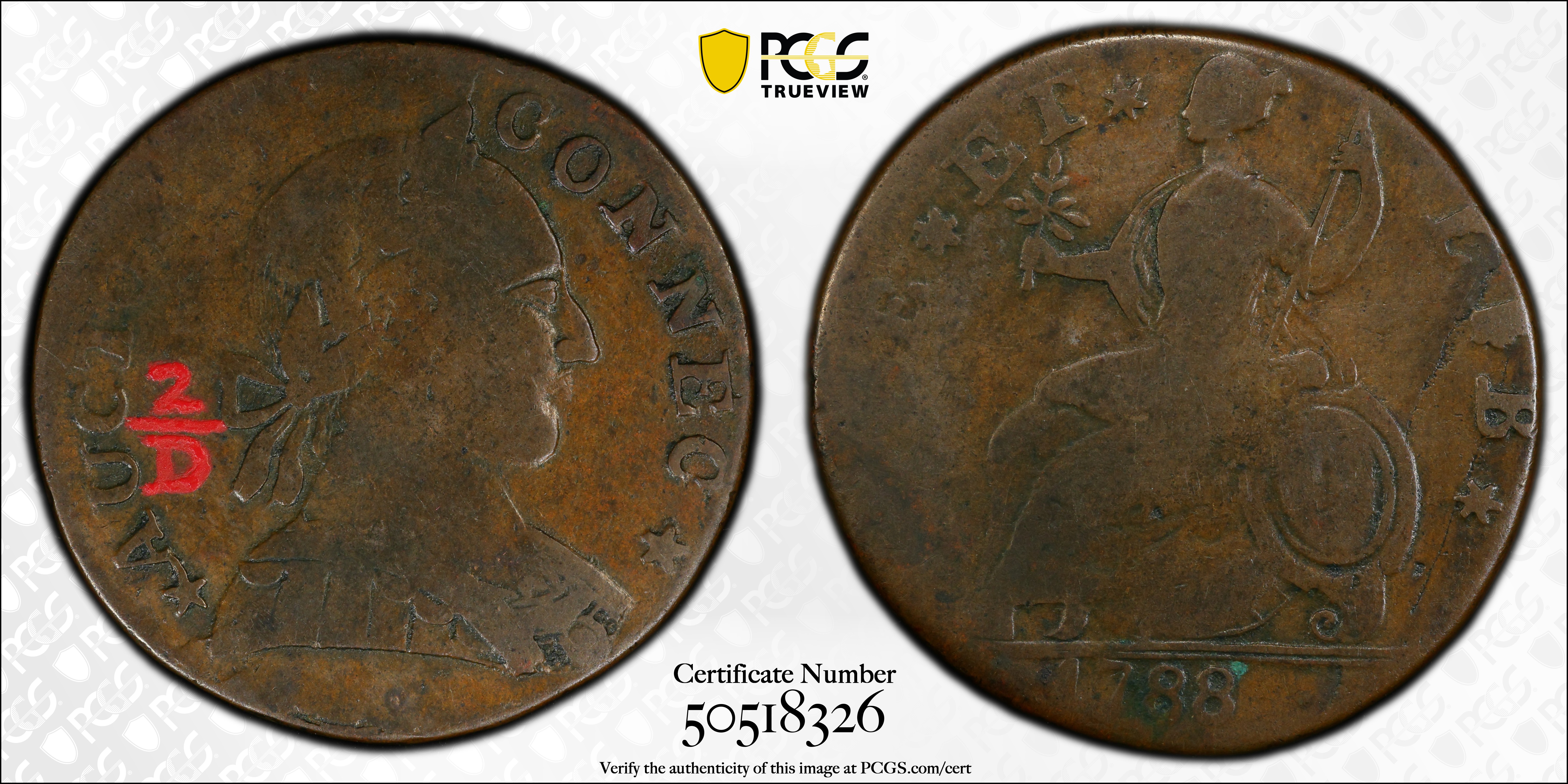 image for: 1788 Connecticut Copper. Miller 2-D, W-4405. Rarity-1. Mailed Bust Right. Fine-12 (PCGS). Inked Attribution.