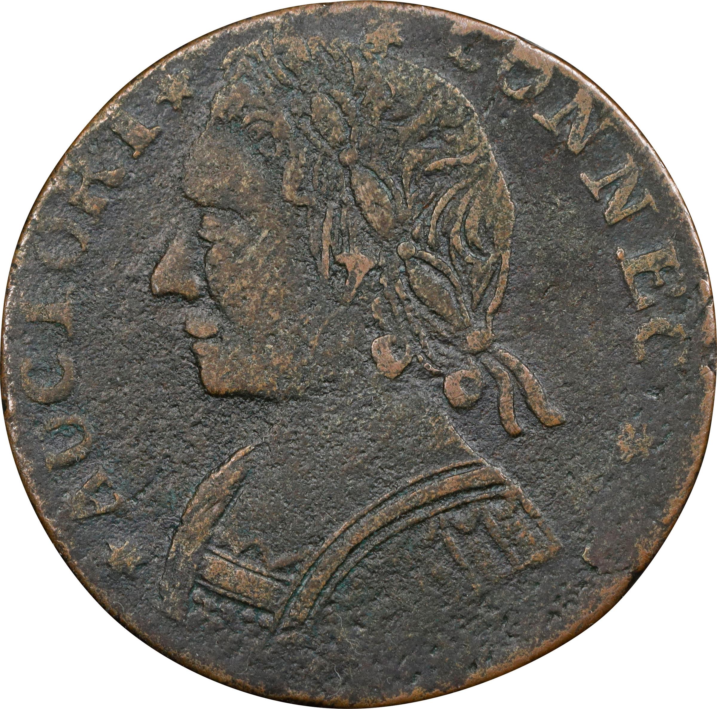 image for: 1788 Connecticut Copper. Miller 12.1-F.1, W-4520. Rarity-4+. Mailed Bust Left. Very Fine, Environmental Damage.