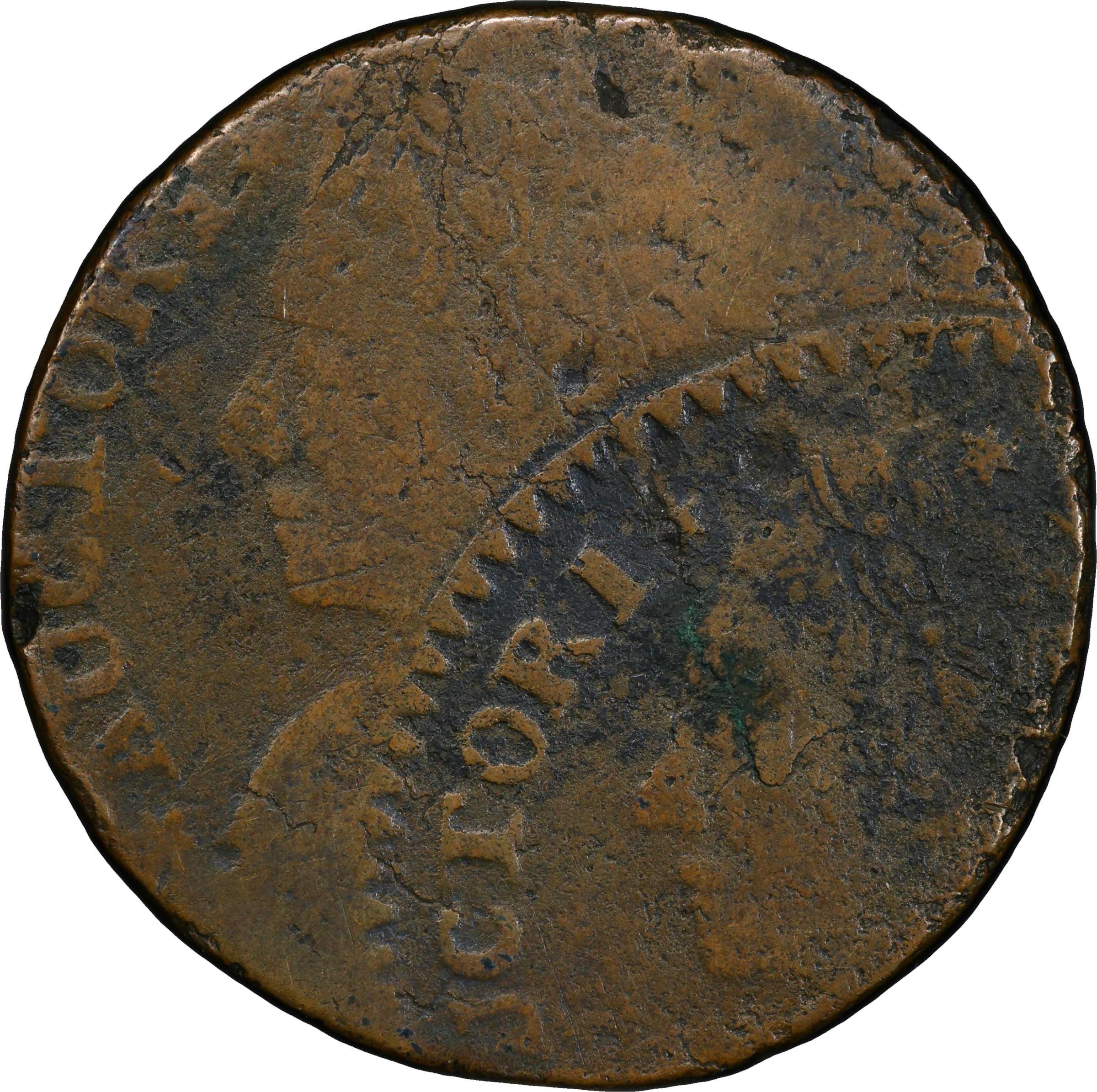 image for: 1788 Connecticut Copper. Miller 12.1-F.1, W-4520. Rarity-4+. Mailed Bust Left. Double Struck. VG Details--Environmental Damage (PCGS).