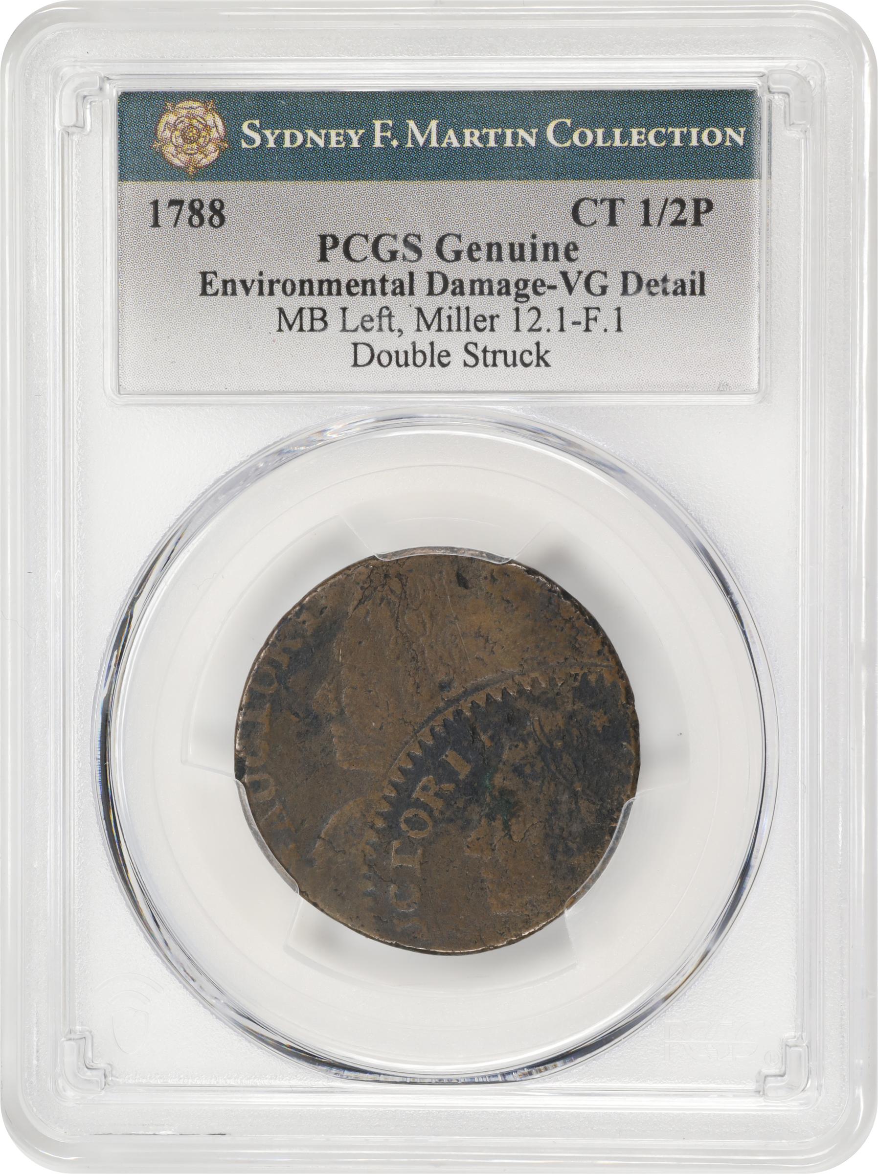 image for: 1788 Connecticut Copper. Miller 12.1-F.1, W-4520. Rarity-4+. Mailed Bust Left. Double Struck. VG Details--Environmental Damage (PCGS).