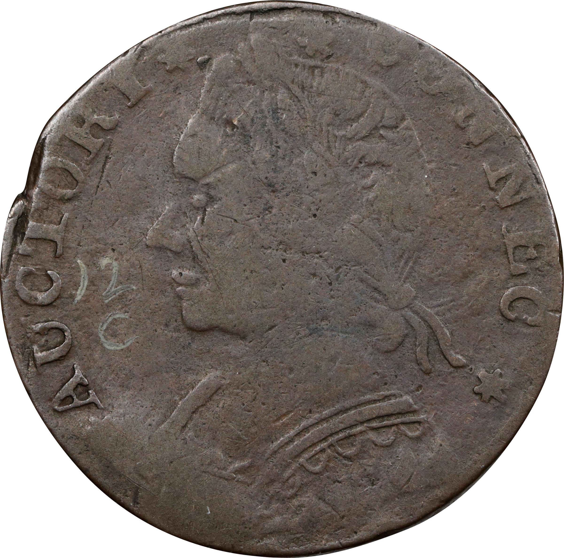 image for: 1788 Connecticut Copper. Miller 12.2-C, W-4525. Rarity-5. Mailed Bust Left. Fine. Inked Attribution.