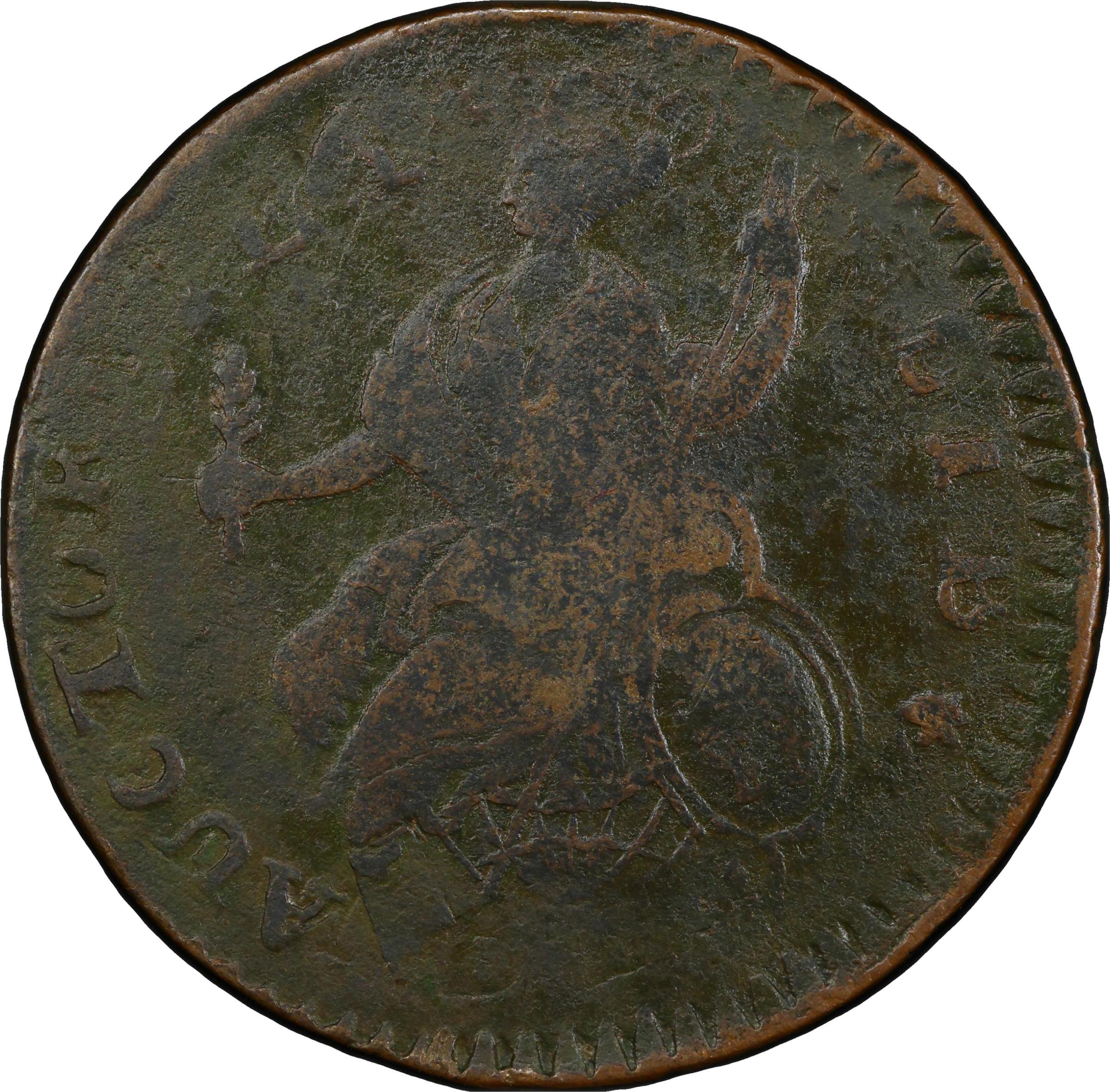 image for: 1788 Connecticut Copper. Miller 12.2-C, W-4525. Rarity-5. Mailed Bust Left. Flipover Double Struck on a Nova Constellatio Copper. Fine Details--Environmental Damage (PCGS).